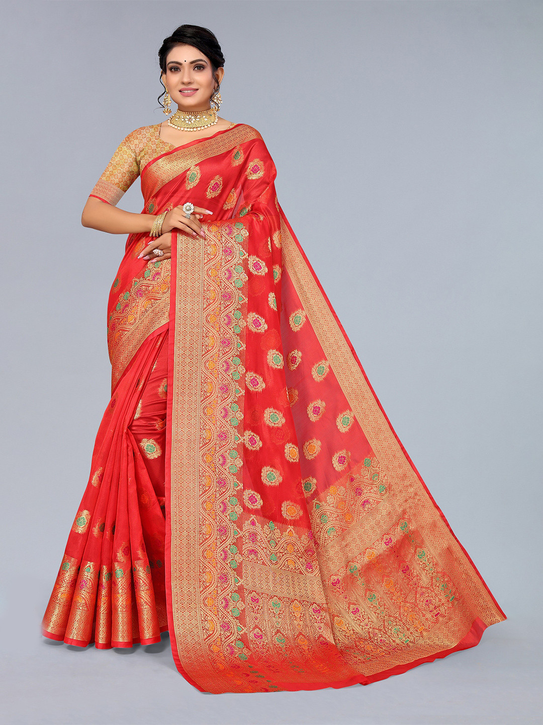 

Mitera Red & Gold Ethnic Motifs Zari Organza Saree