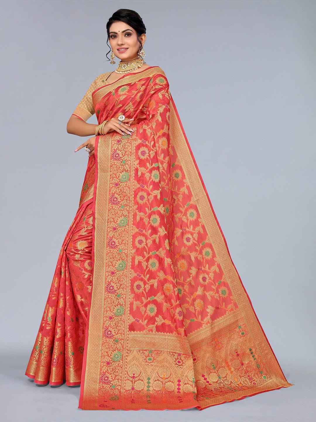 

Mitera Pink & Green Floral Zari Organza Saree