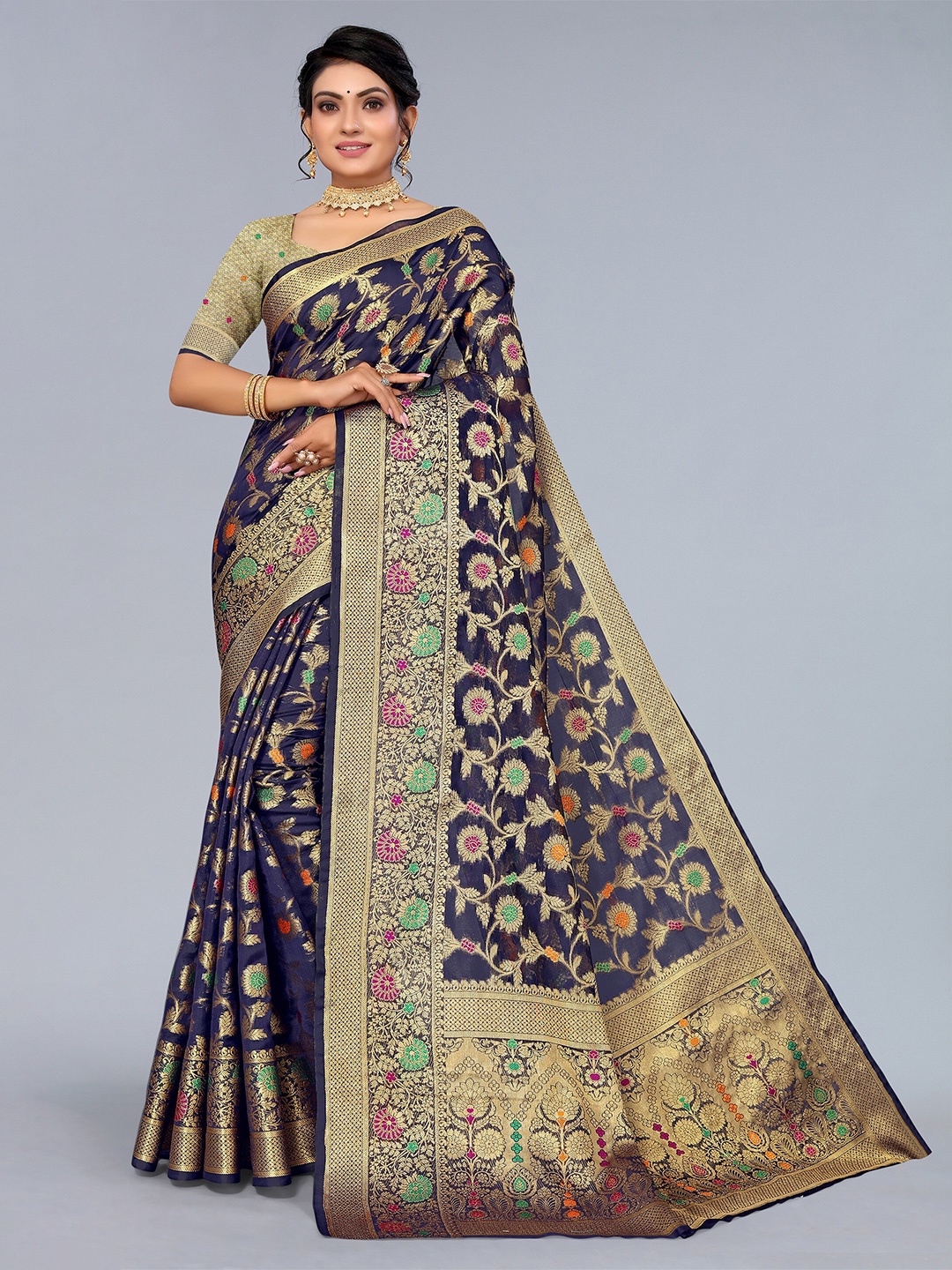 

Mitera Navy Blue & Gold Floral Zari Organza Saree