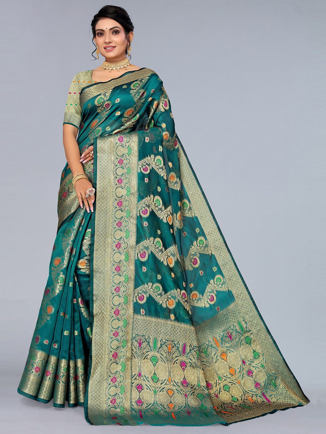

Mitera Teal & Fuchsia Ethnic Motifs Organza Saree