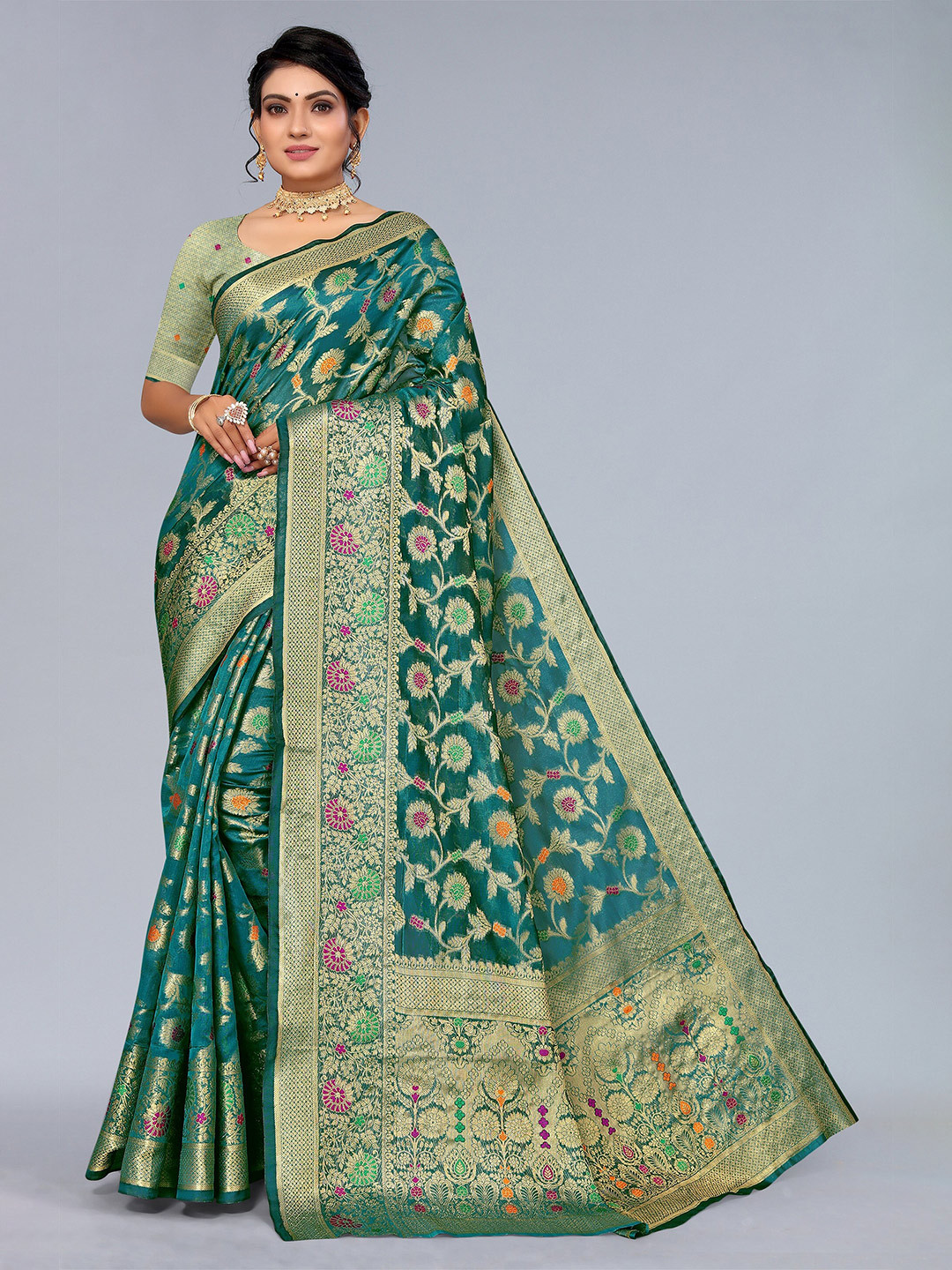 

Mitera Teal & Gold Woven Design Zari Organza Saree