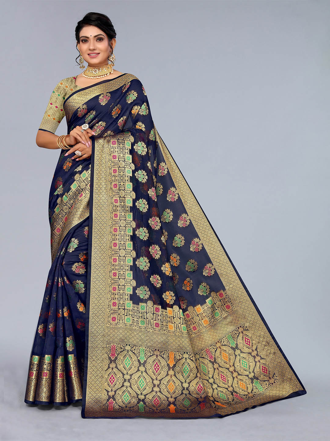 

Mitera Navy Blue & Gold Ethnic Motifs Zari Organza Kanjeevaram Saree