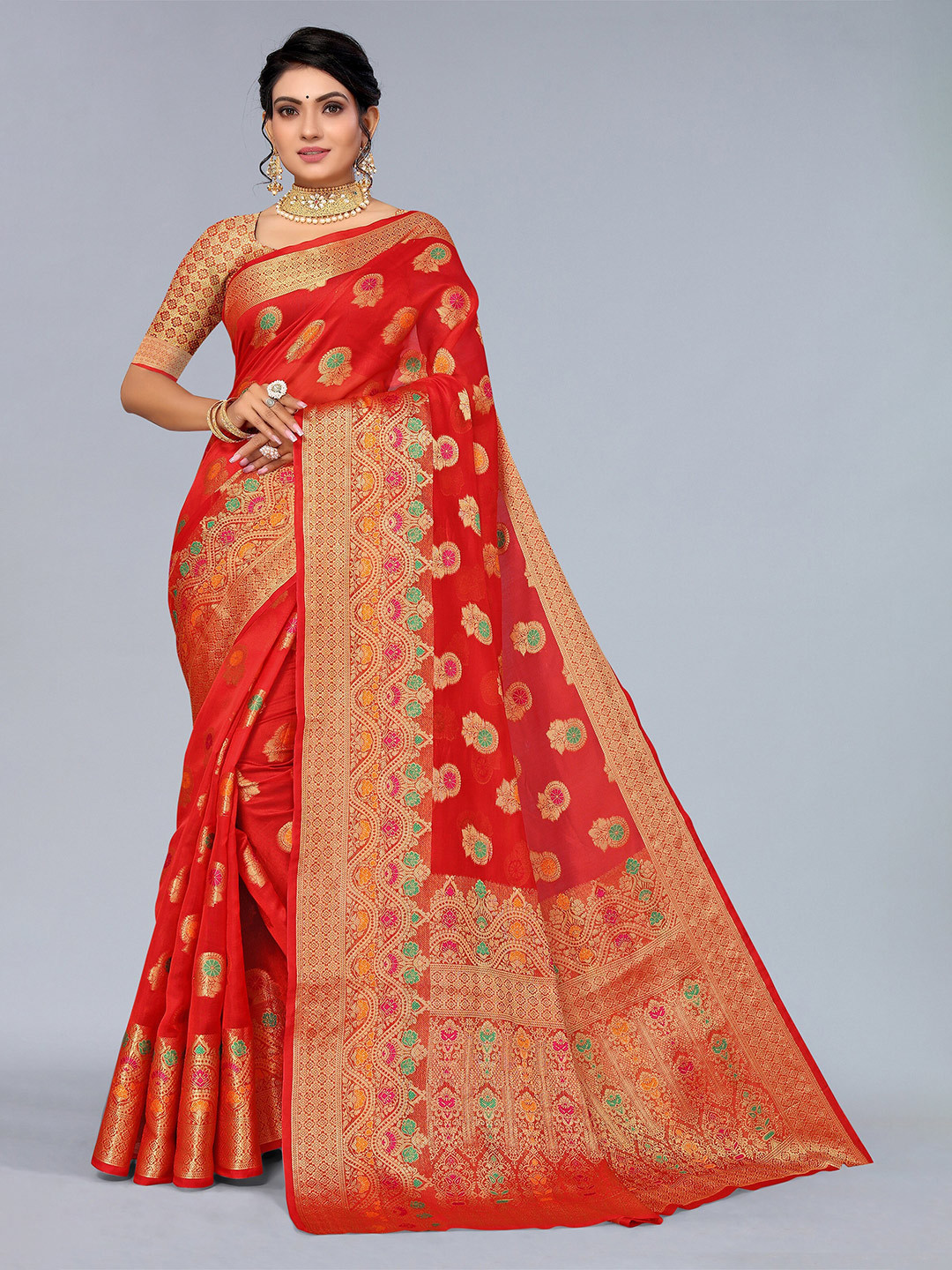 

Mitera Red & Green Ethnic Motifs Zari Organza Saree