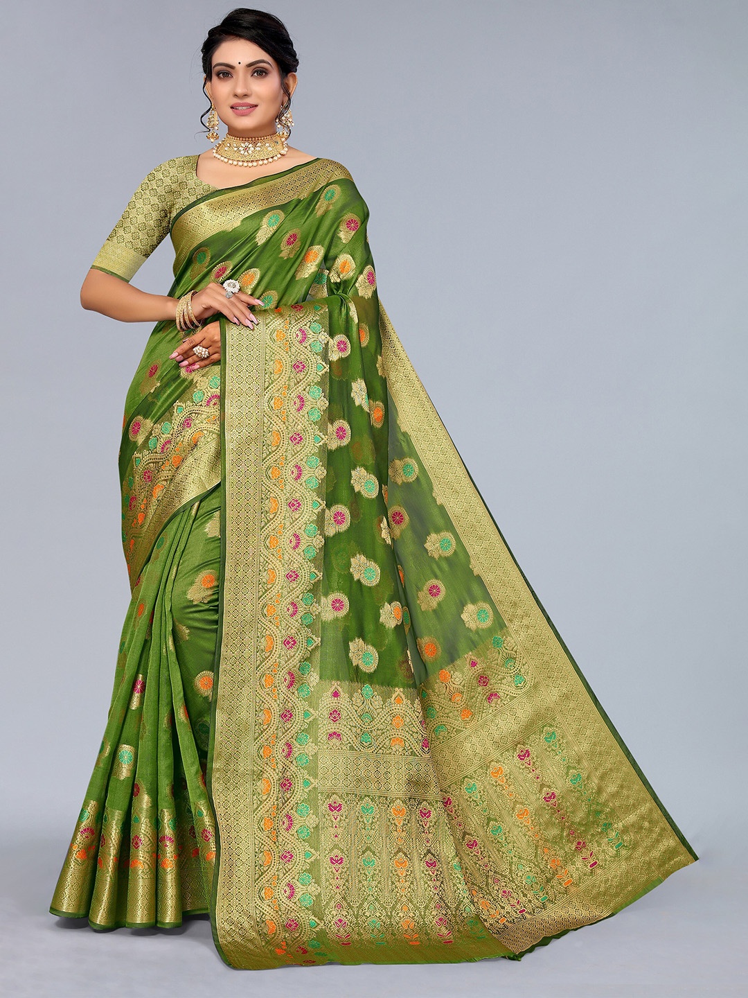 

Mitera Green & Gold Ethnic Motifs Zari Organza Saree