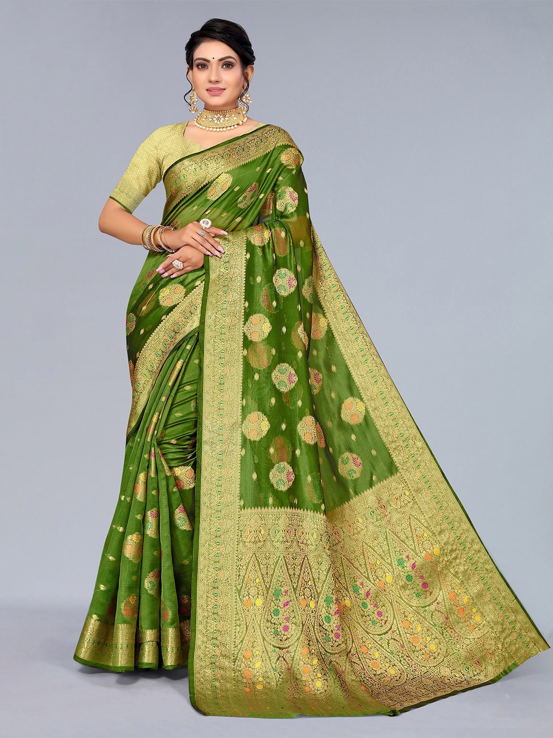 

Mitera Green & Fuchsia Ethnic Motifs Organza Saree