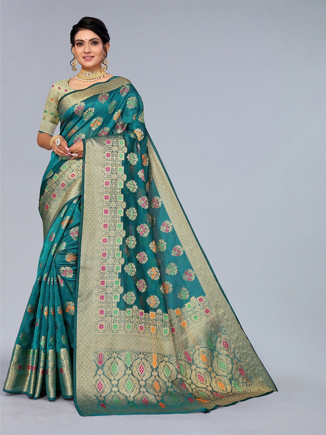 

Mitera Teal & Pink Ethnic Motifs Zari Organza Saree