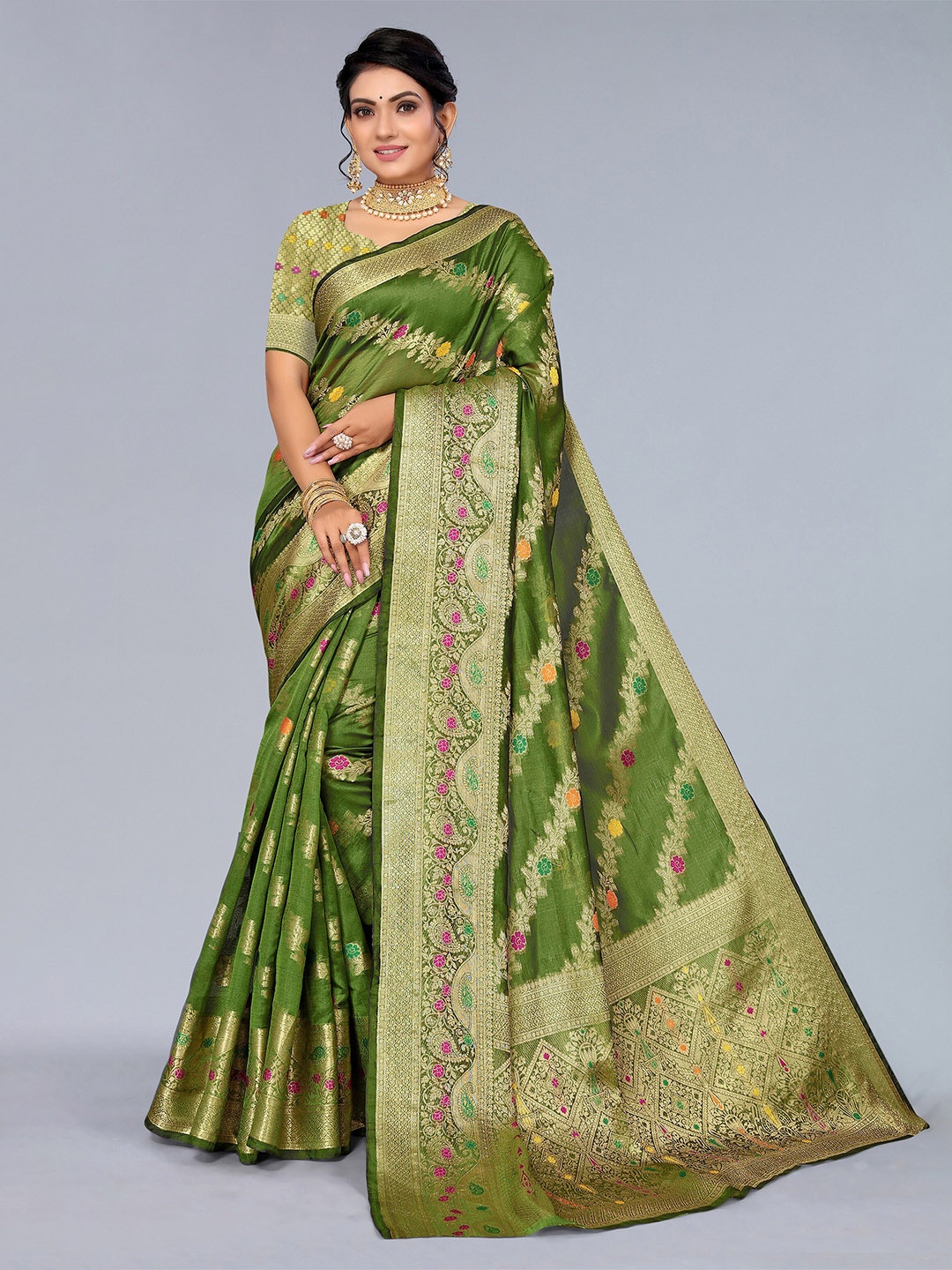 

Mitera Green & Red Ethnic Motifs Zari Organza Saree