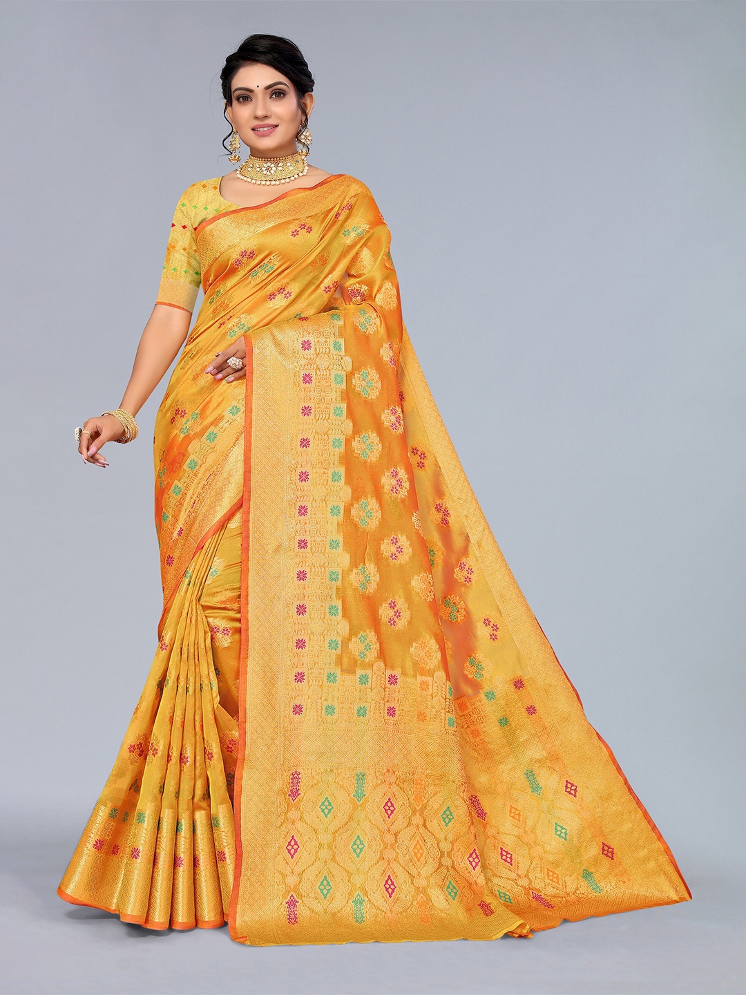 

Mitera Yellow & Green Floral Zari Organza Saree