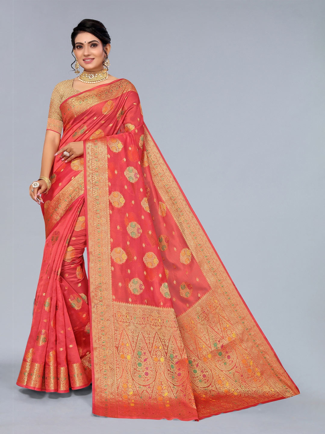 

Mitera Pink & Gold Ethnic Motifs Zari Organza Saree