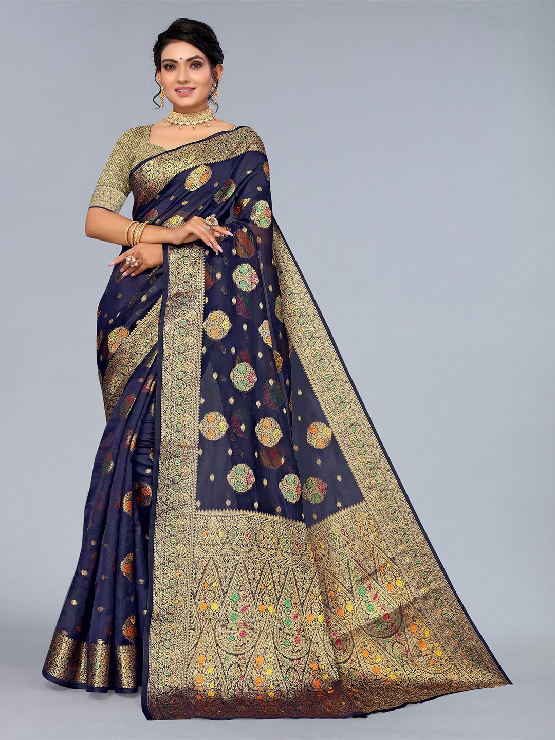 

Mitera Navy Blue & Gold-Toned Ethnic Motifs Zari Organza Kanjeevaram Saree