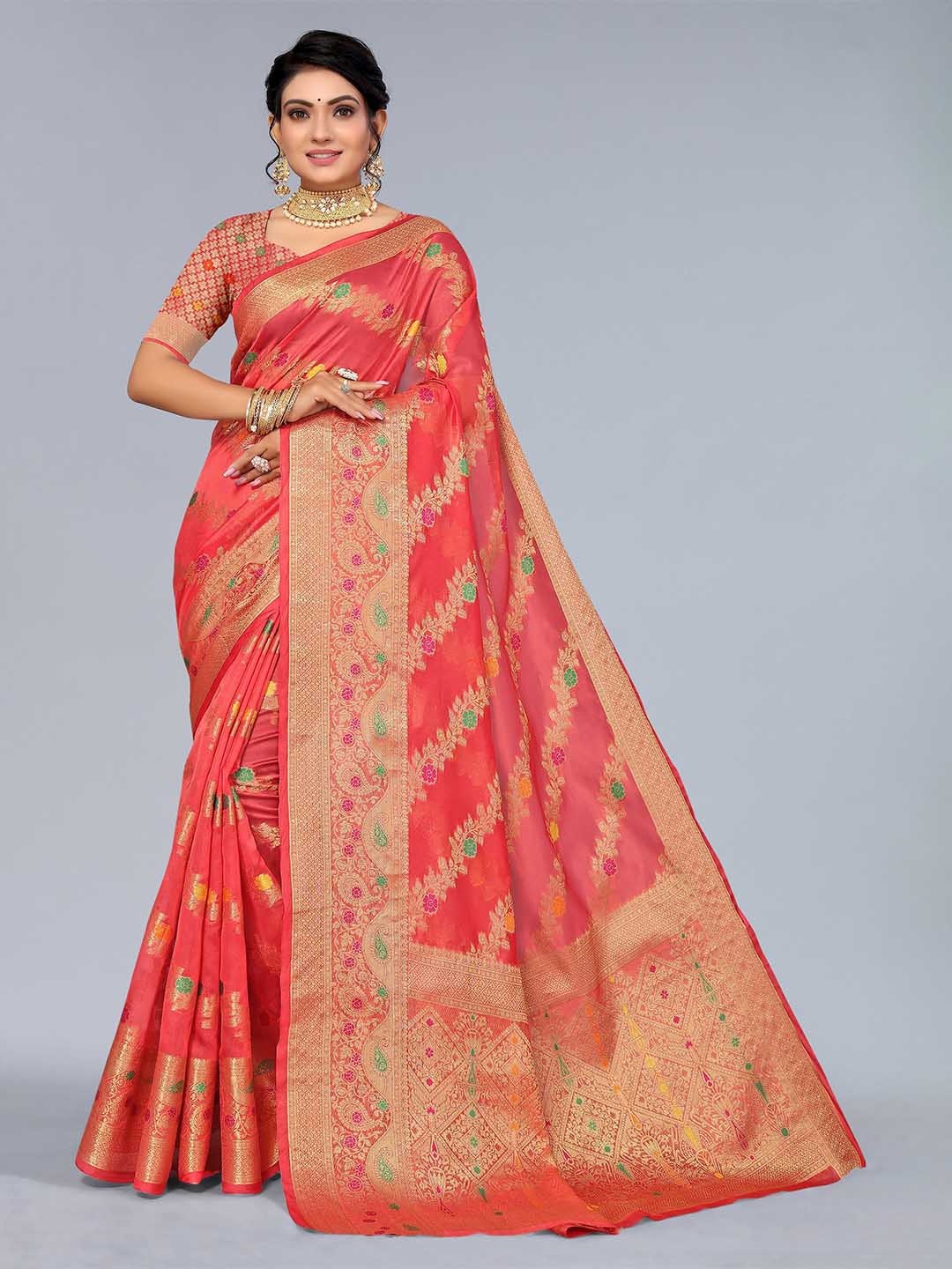 

Mitera Pink & Gold Ethnic Motifs Zari Organza Saree