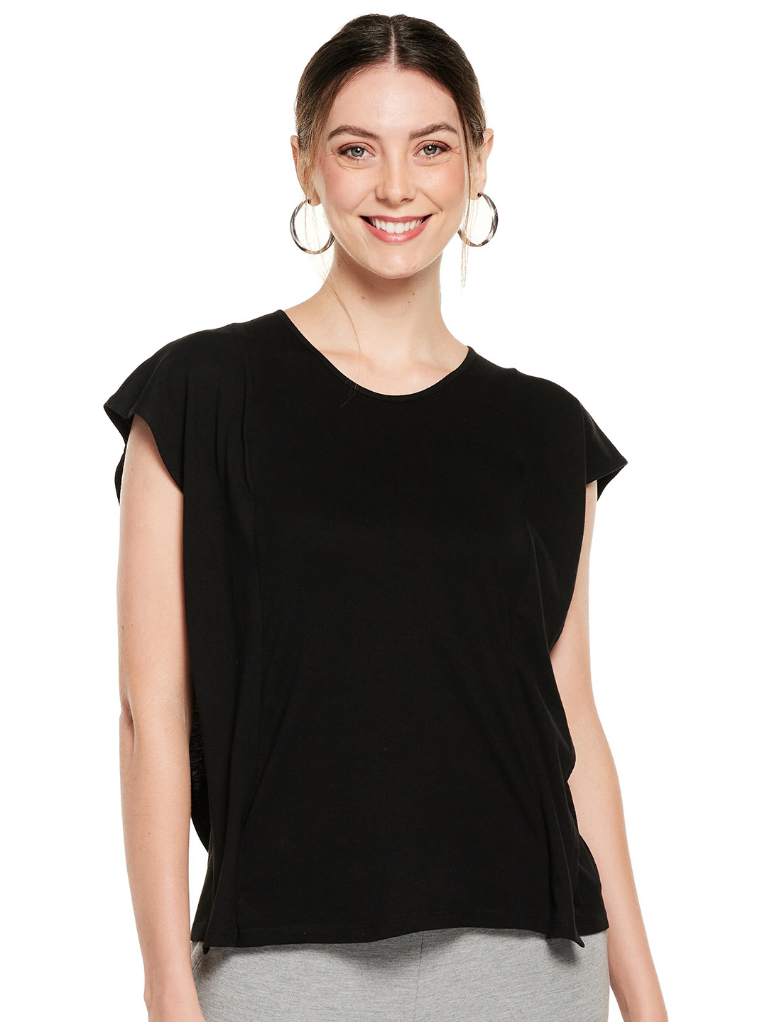 

UNMADE Women Black Extended Sleeves Pure cotton Top