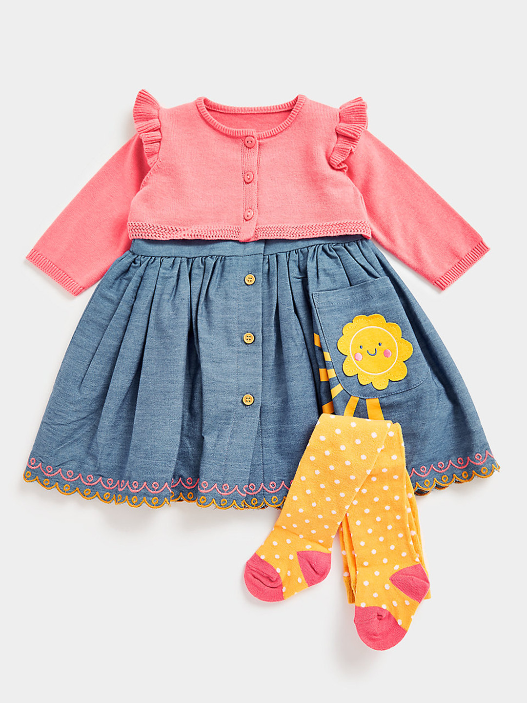 

mothercare Girls Applique Flared Pure Cotton Pleated Dungarees With Crop Cardigan & Socks, Pink