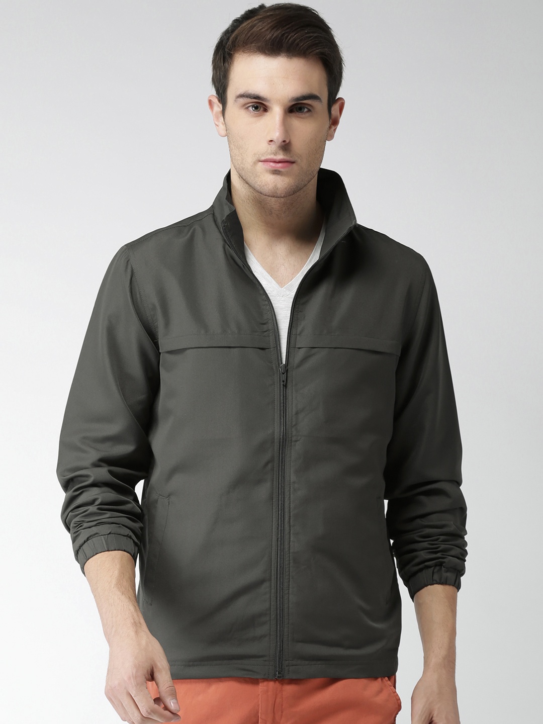 

Mast & Harbour Men Charcoal Grey Solid Sporty Jacket