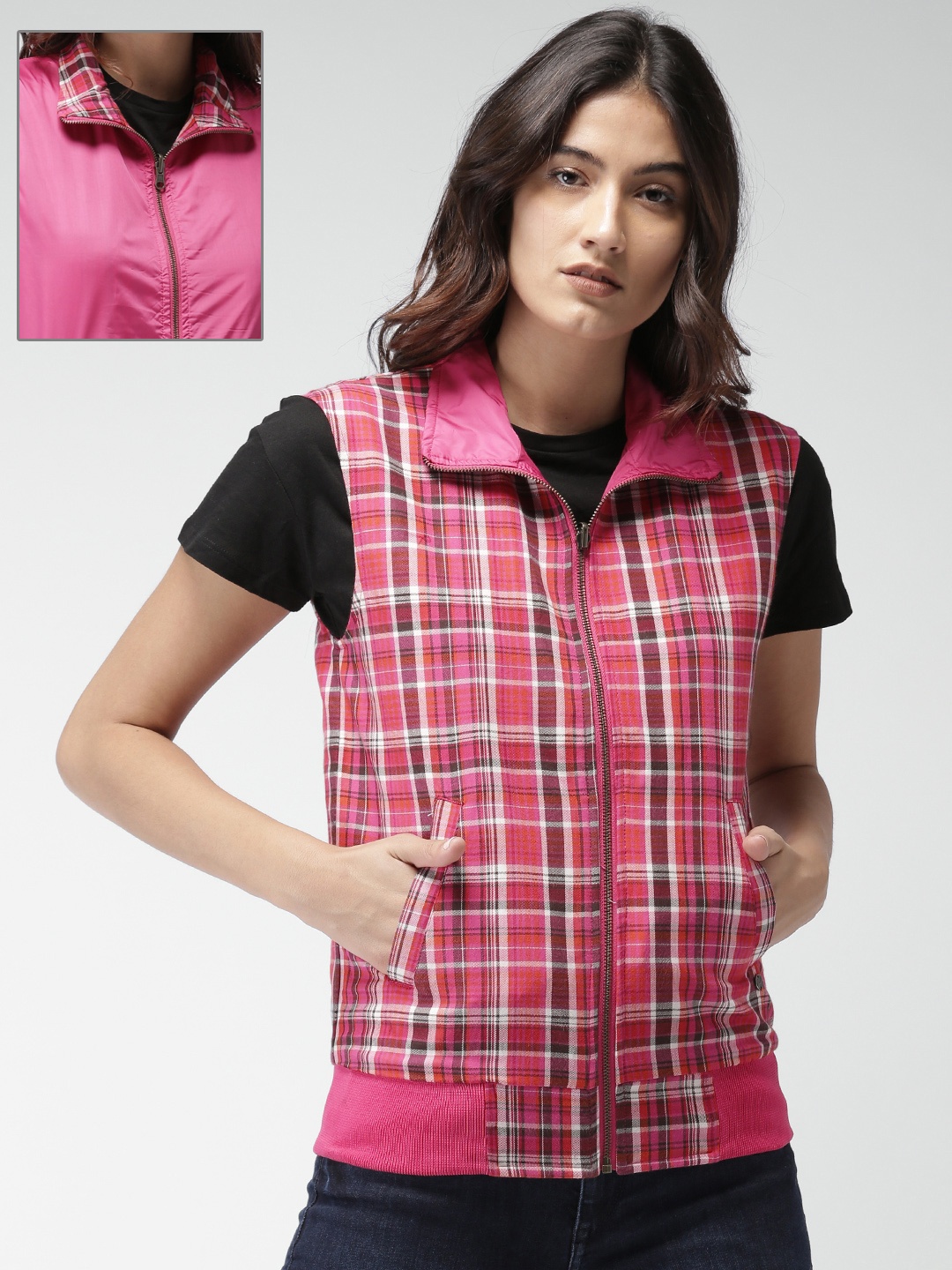 

Mast & Harbour Women Pink Checked Reversible Bomber