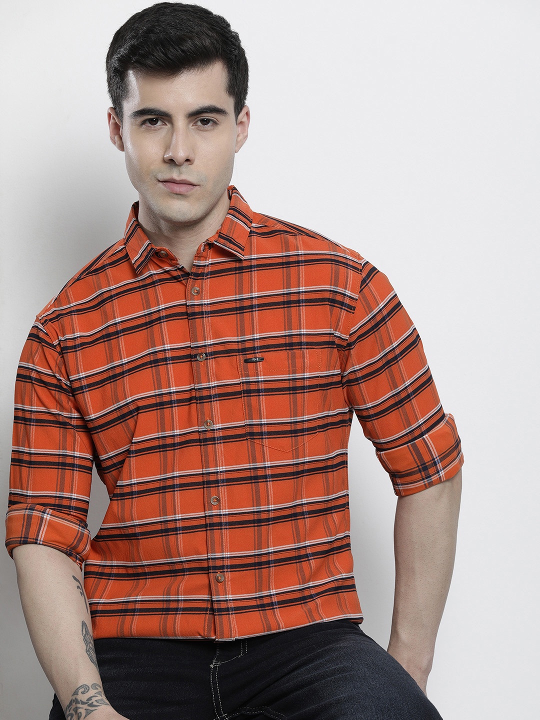 

The Indian Garage Co Men Checked Casual Shirt, Orange