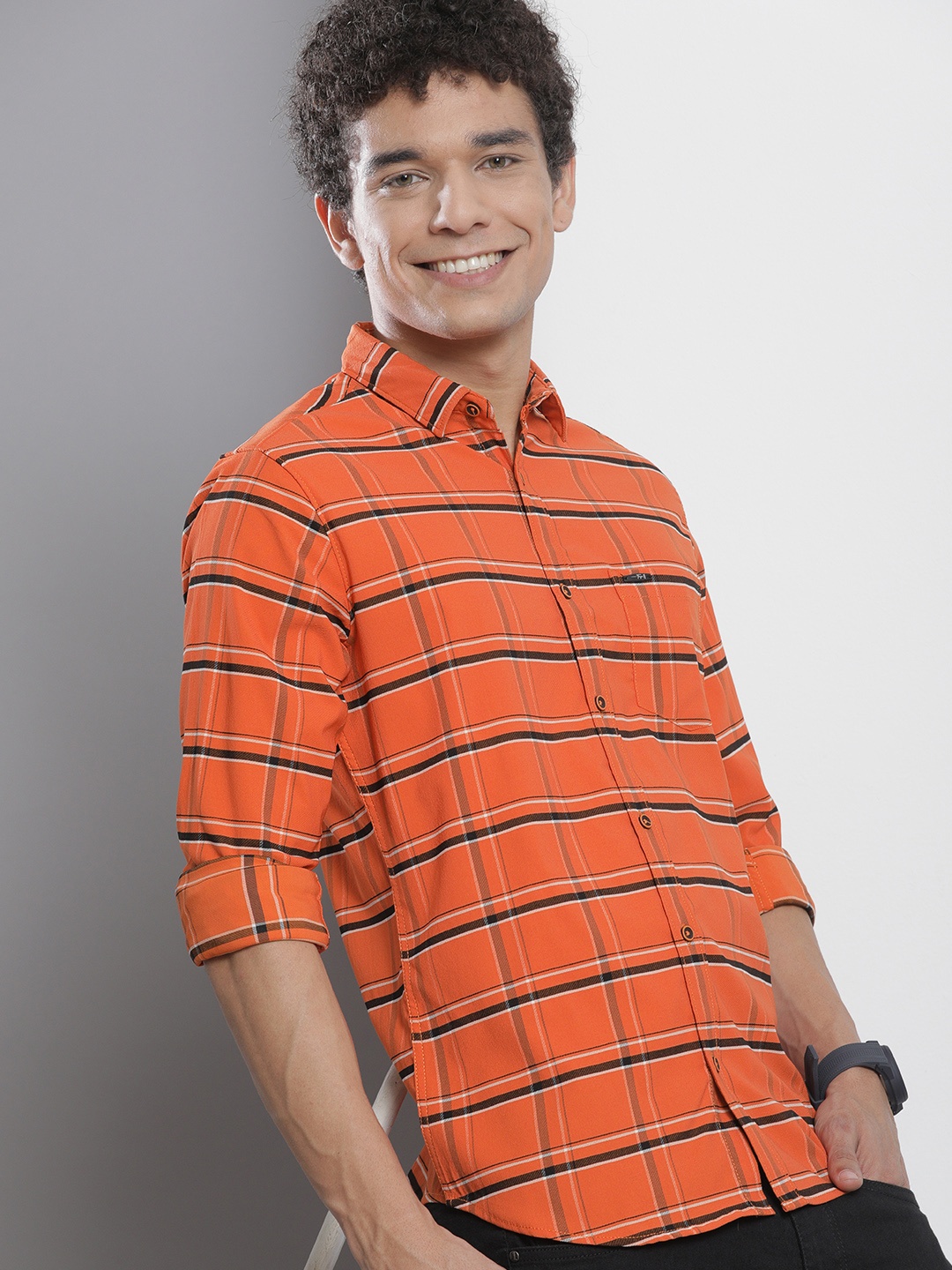 

The Indian Garage Co Men Orange & Black Checked Casual Shirt