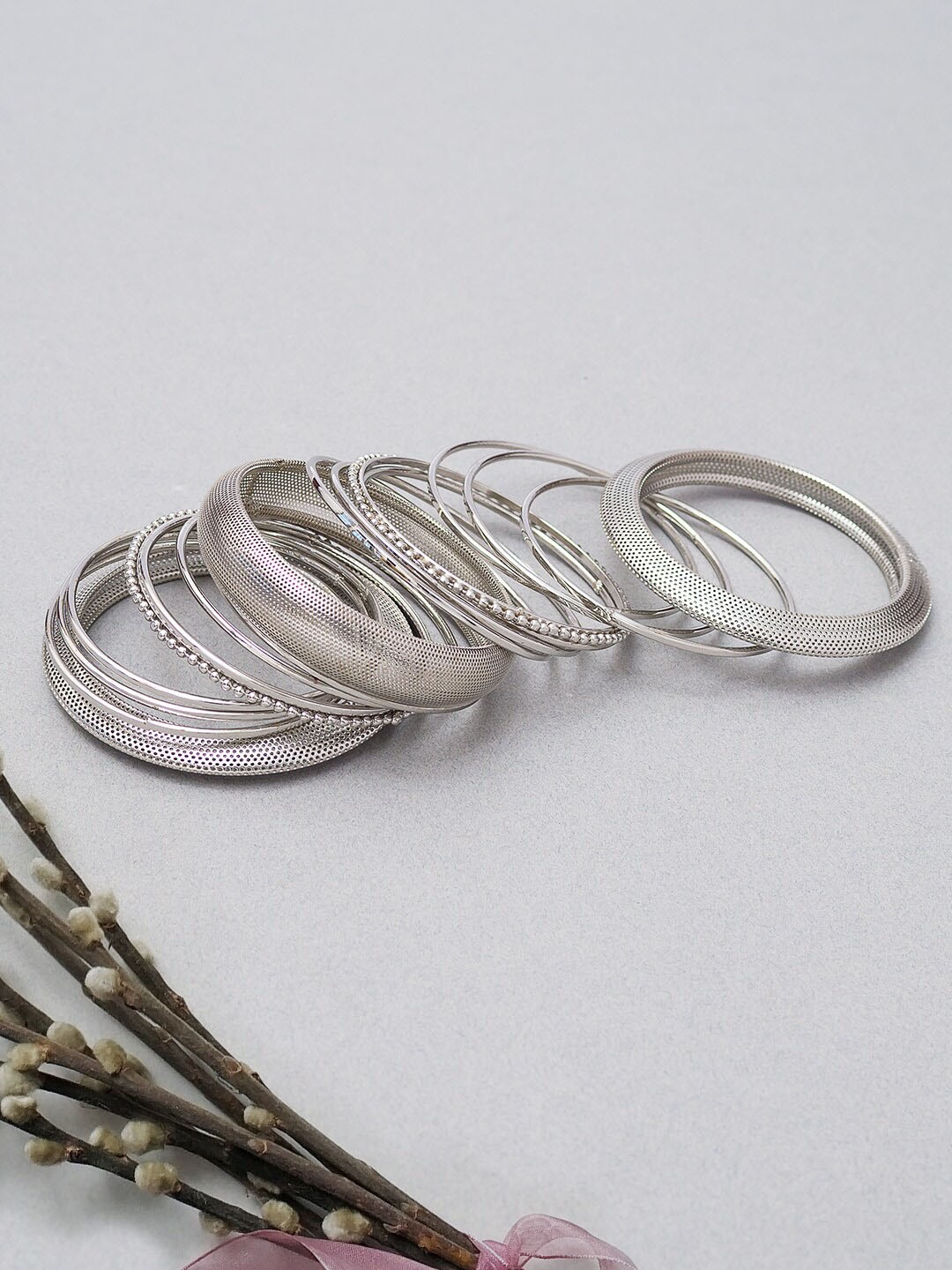 

Golden Peacock Set of 17 Silver-Plated & Toned Oxidized Bangles