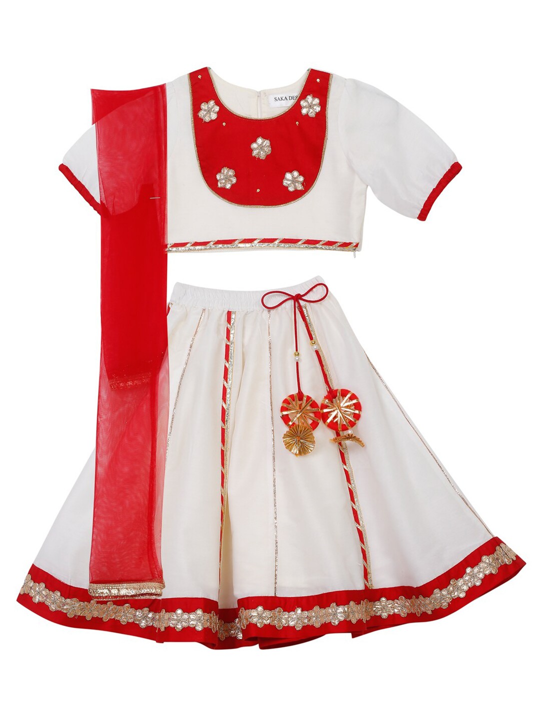 

SAKA DESIGNS Girls Red & Off White Beads and Stones Ready to Wear Lehenga & Choli