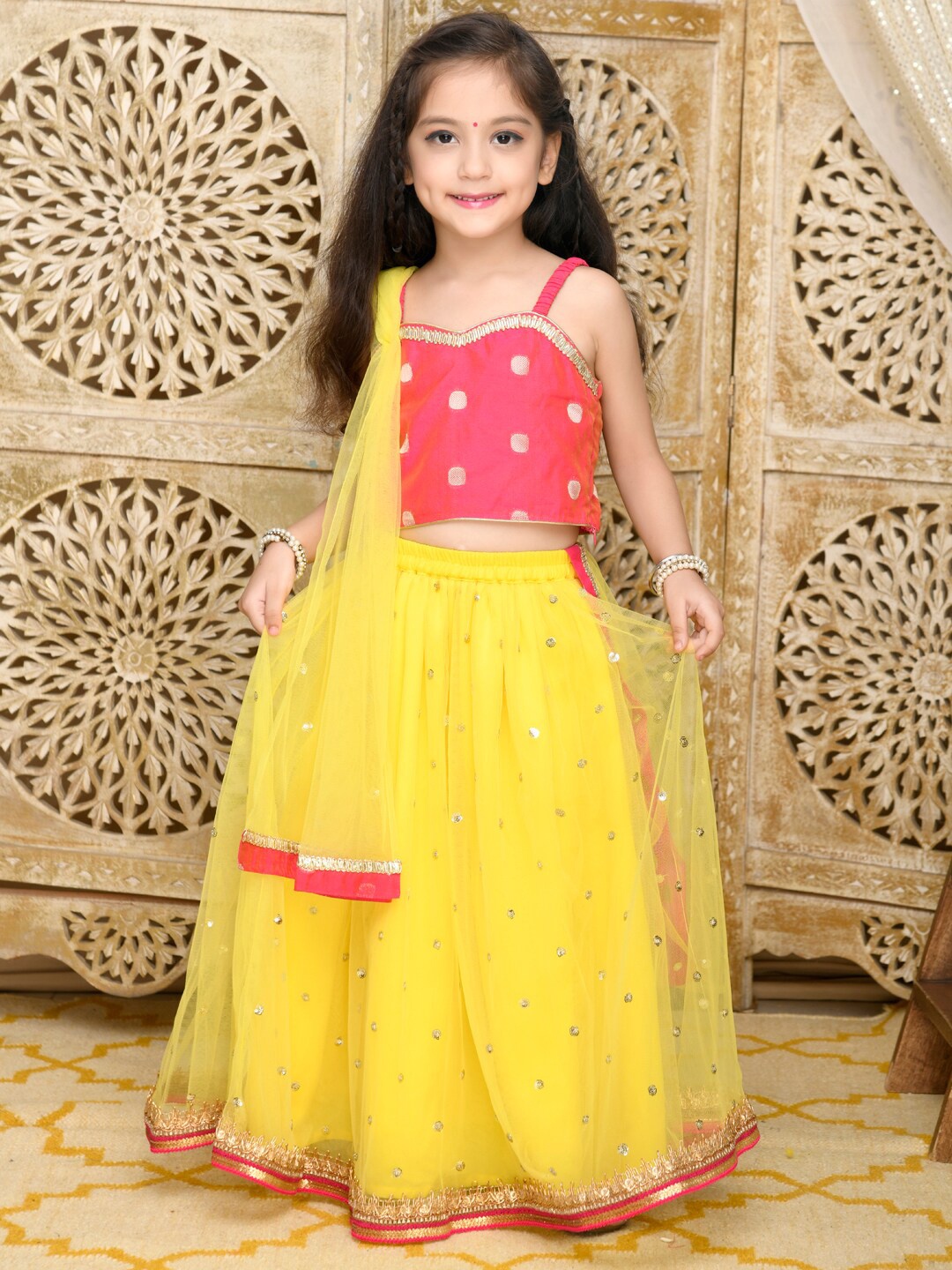 

SAKA DESIGNS Girls Magenta & Yellow Sequinned Ready to Wear Lehenga