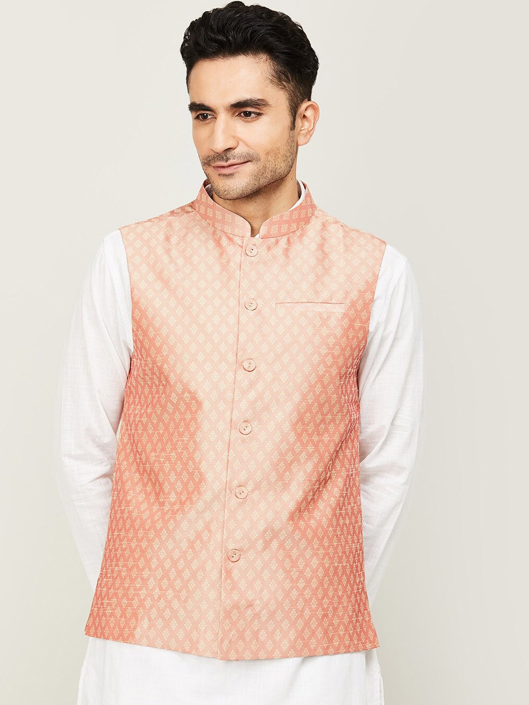 

Melange by Lifestyle Men Peach-Coloured Woven Design Cotton Nehru Jacket