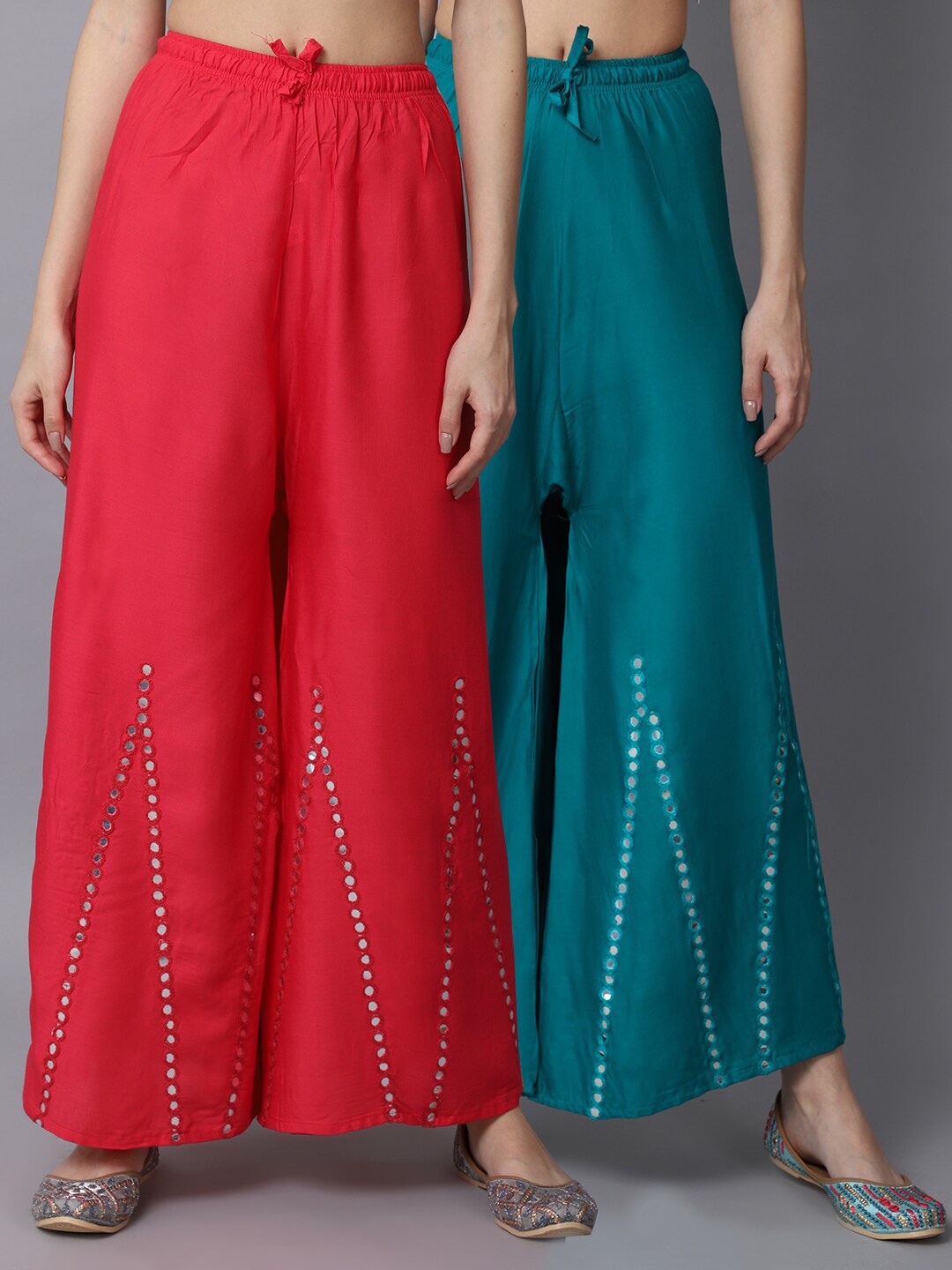 

GRACIT Women Pink & Teal Green Pack of 2 Floral Embroidered Flared Ethnic Palazzos