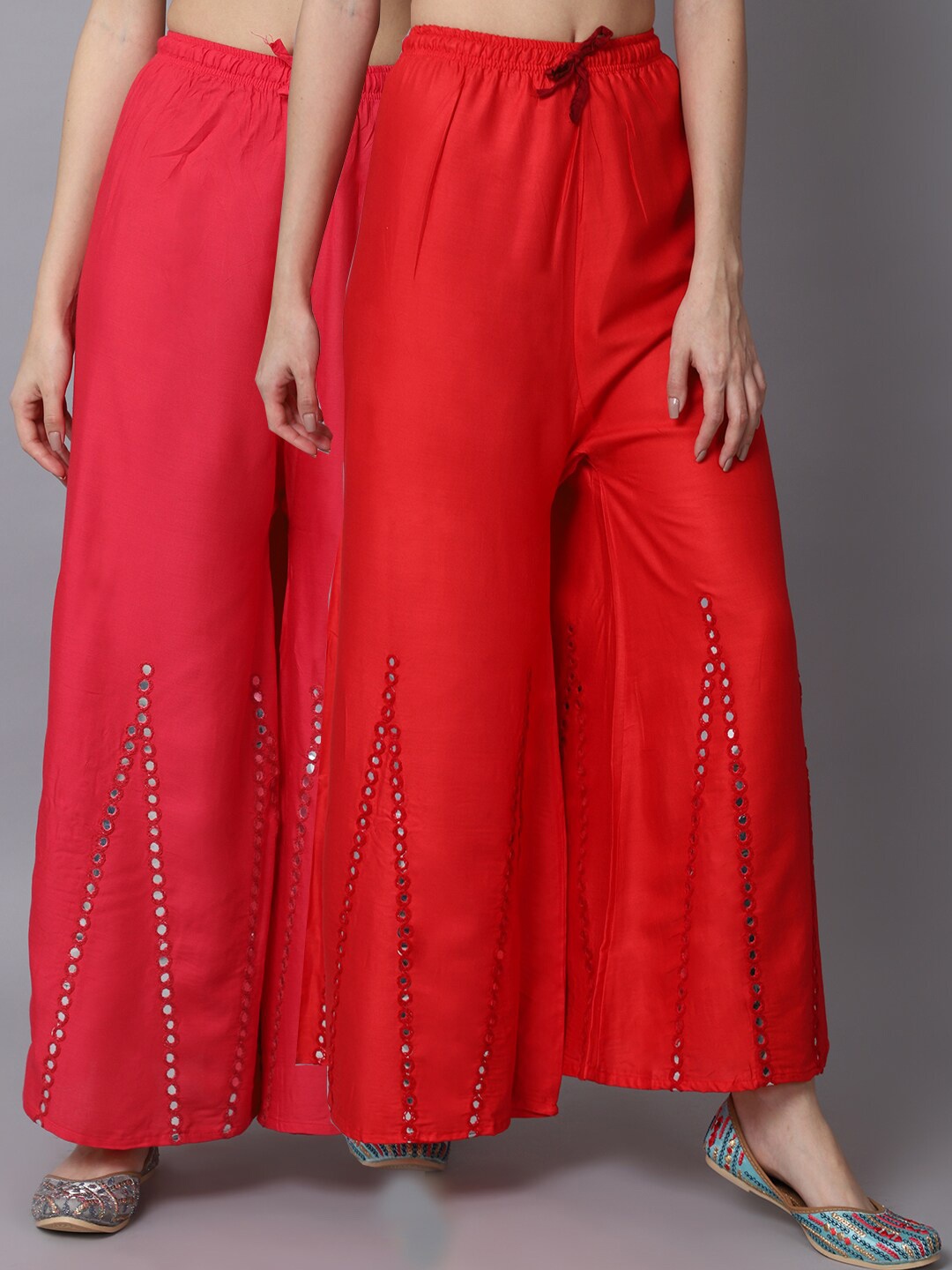

GRACIT Women Red & Pink Pack of 2 Embroidered Flared Ethnic Palazzos