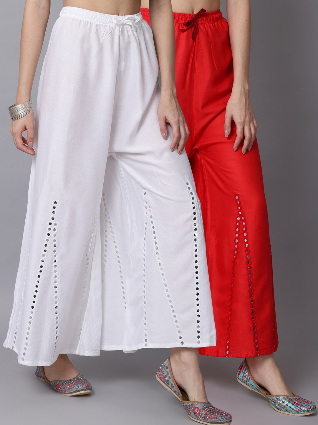 

GRACIT Women White & Red Pack of 2 Floral Embroidered Flared Ethnic Palazzos