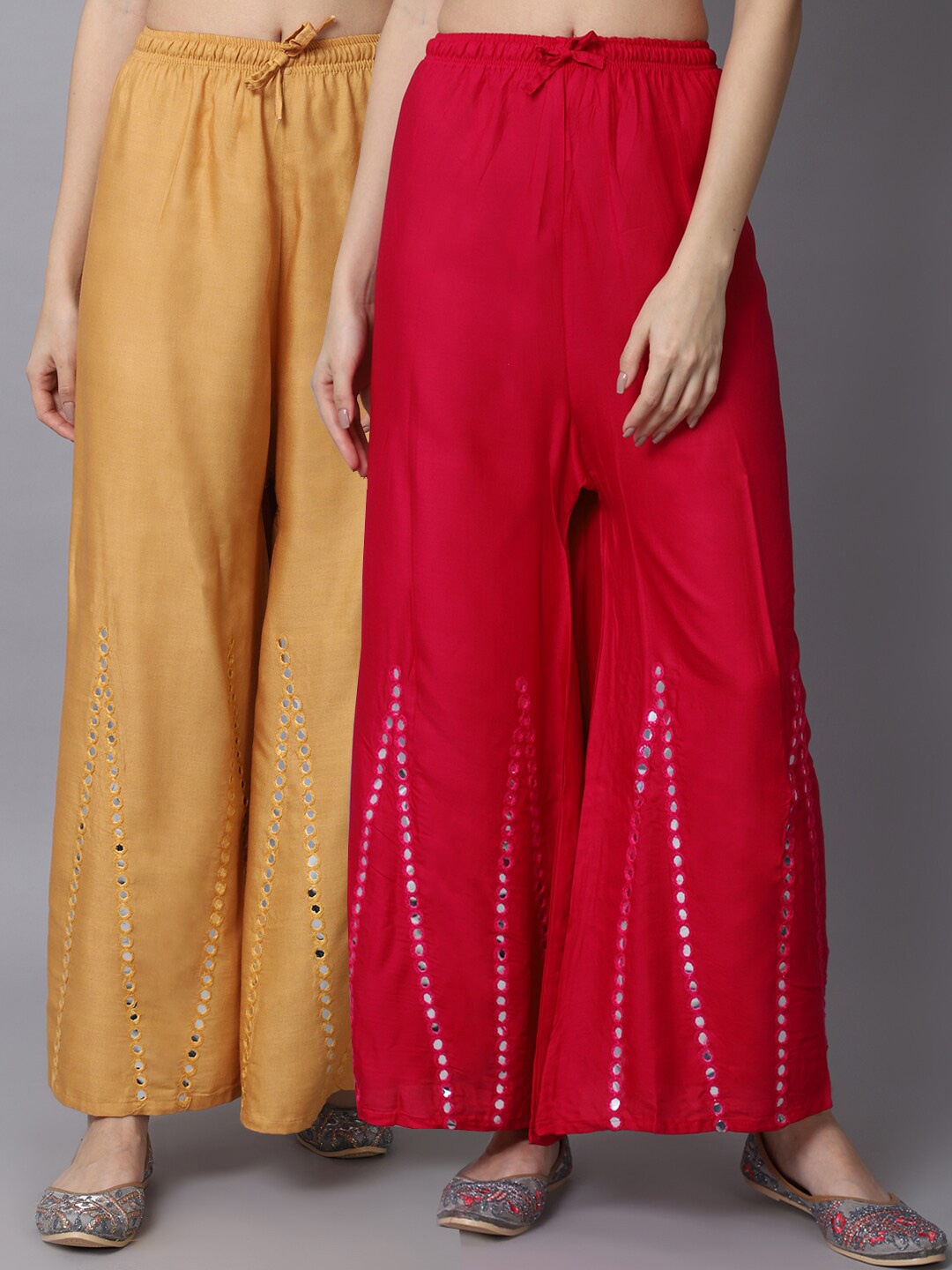 

GRACIT Women Pink & Nude-Coloured Pack of 2 Floral Embroidered Flared Ethnic Palazzos