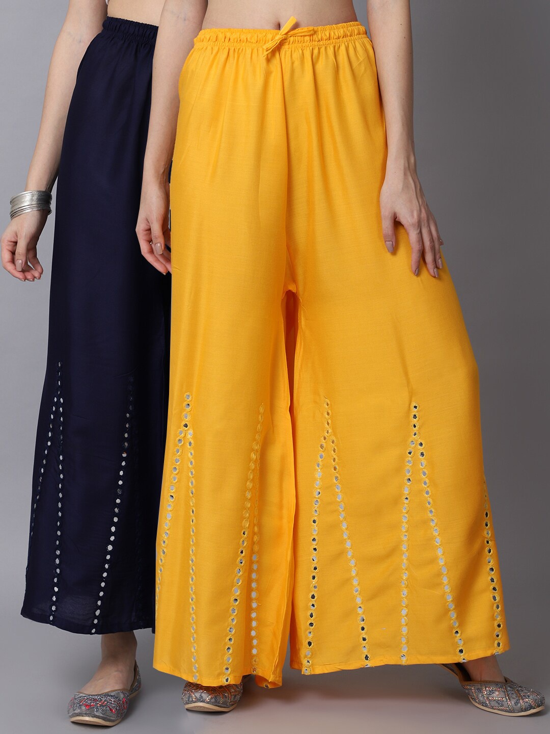 

GRACIT Women Yellow & Navy Blue Pack of 2 Floral Embroidered Flared Ethnic Palazzos