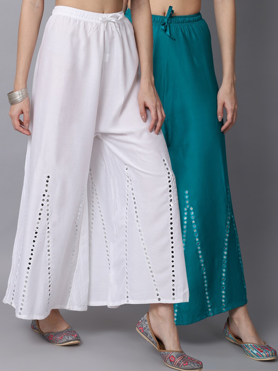 

GRACIT Women White & Teal Green Pack of 2 Floral Embroidered Flared Ethnic Palazzos