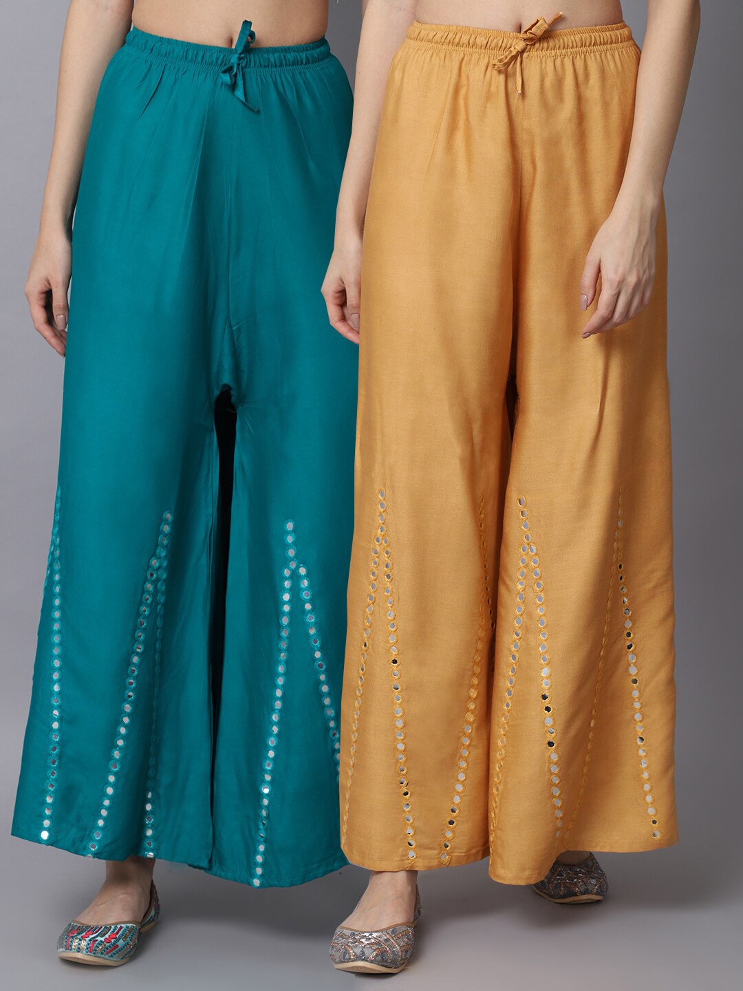 

GRACIT Women Beige & Teal Green Pack of 2 Floral Embroidered Flared Ethnic Palazzos