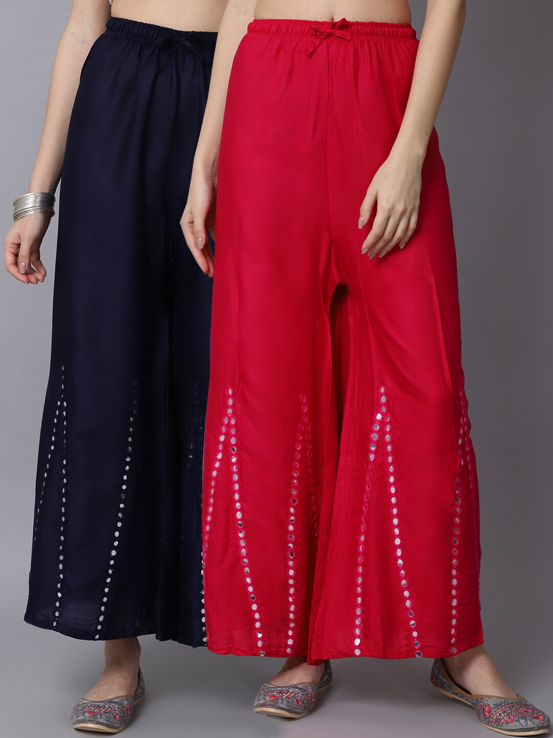 

GRACIT Women Pink & Navy Blue Pack of 2 Floral Embroidered Flared Ethnic Palazzos