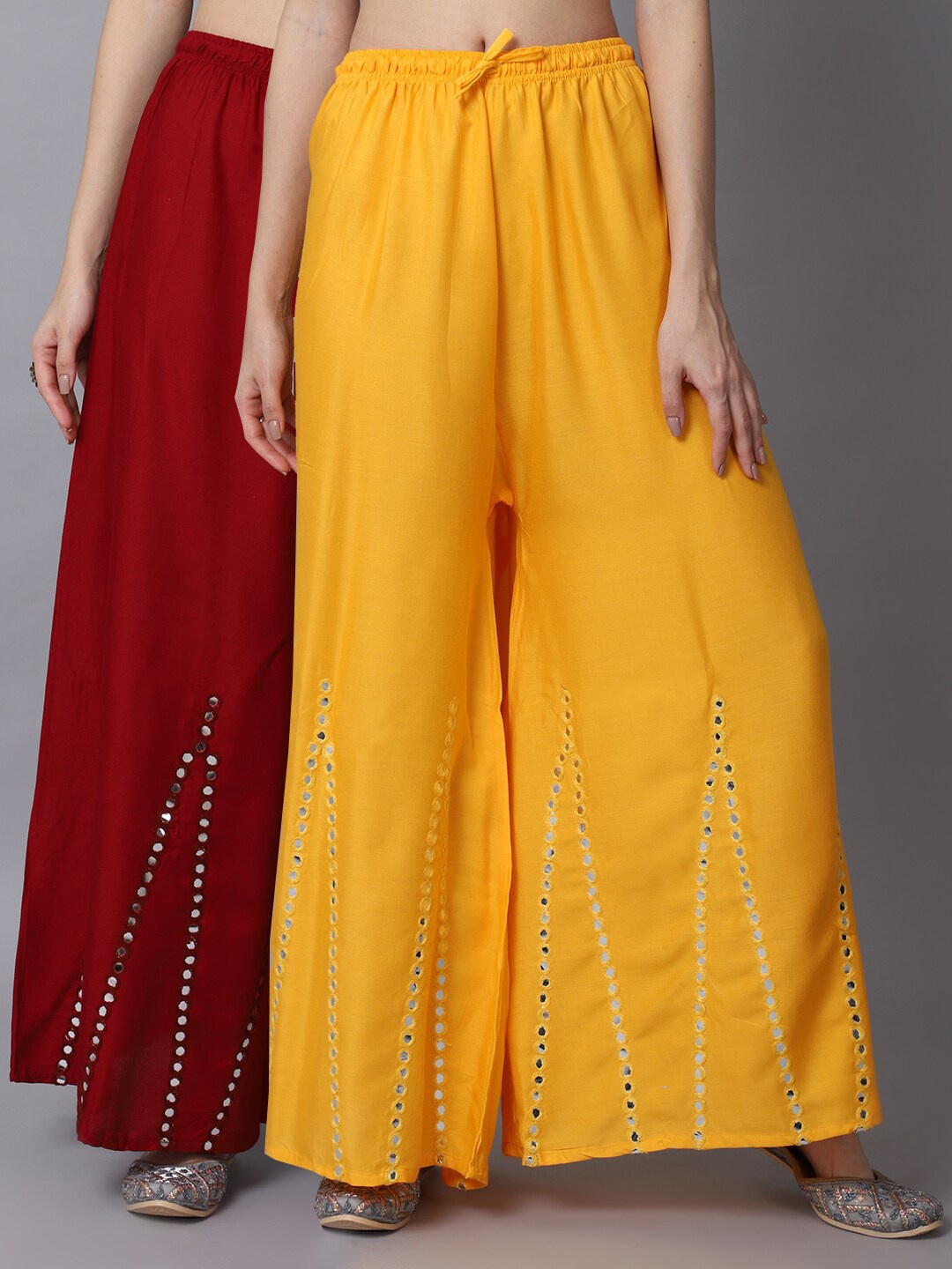 

GRACIT Women Yellow & Maroon Pack of 2 Floral Embroidered Flared Ethnic Palazzos