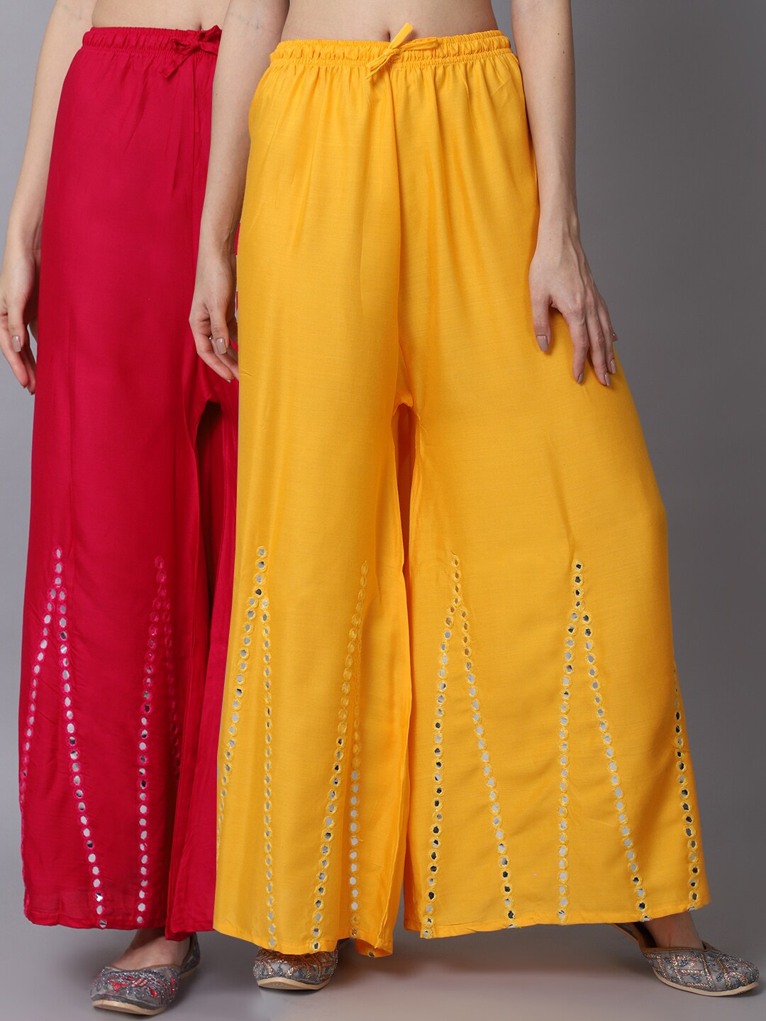 

GRACIT Women Yellow & Pink Pack of 2 Floral Embroidered Flared Ethnic Palazzos