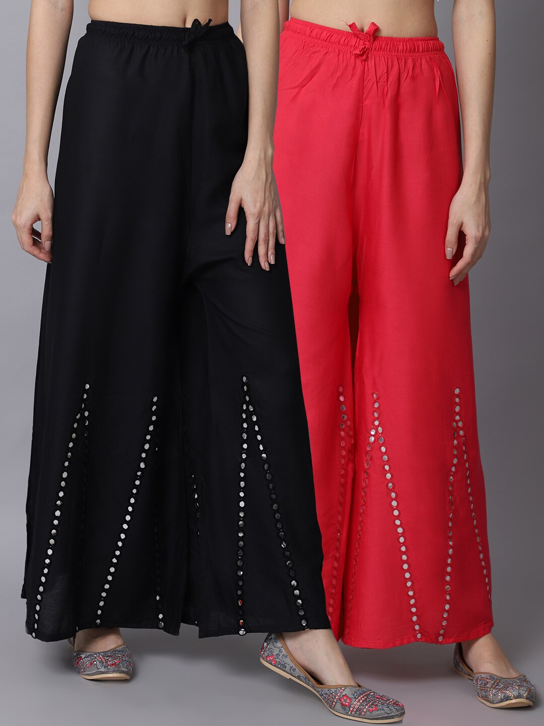 

GRACIT Women Black & Pink Pack of 2 Floral Embroidered Flared Ethnic Palazzos