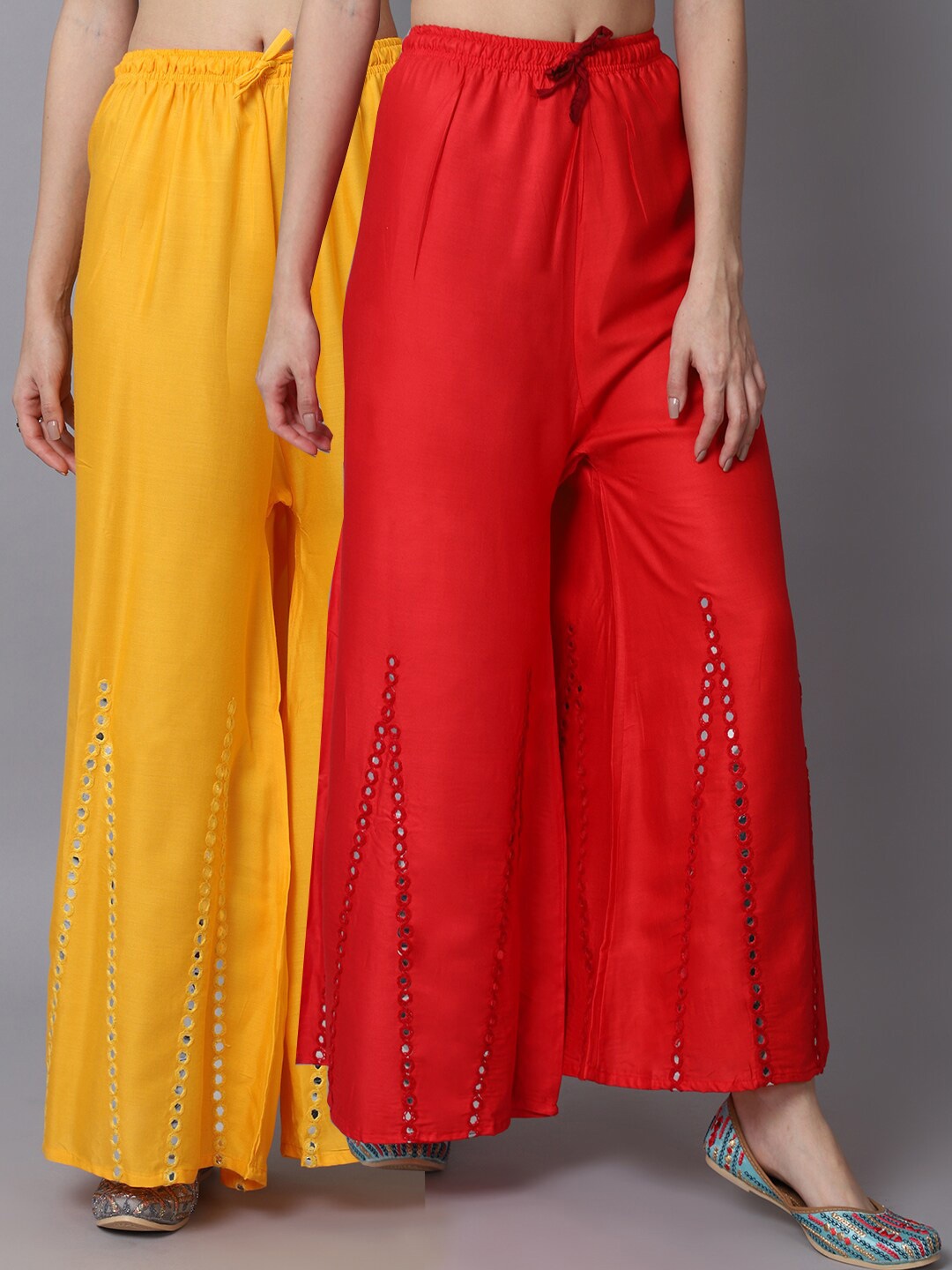 

GRACIT Women Red & Yellow Pack of 2 Floral Embroidered Flared Ethnic Palazzos