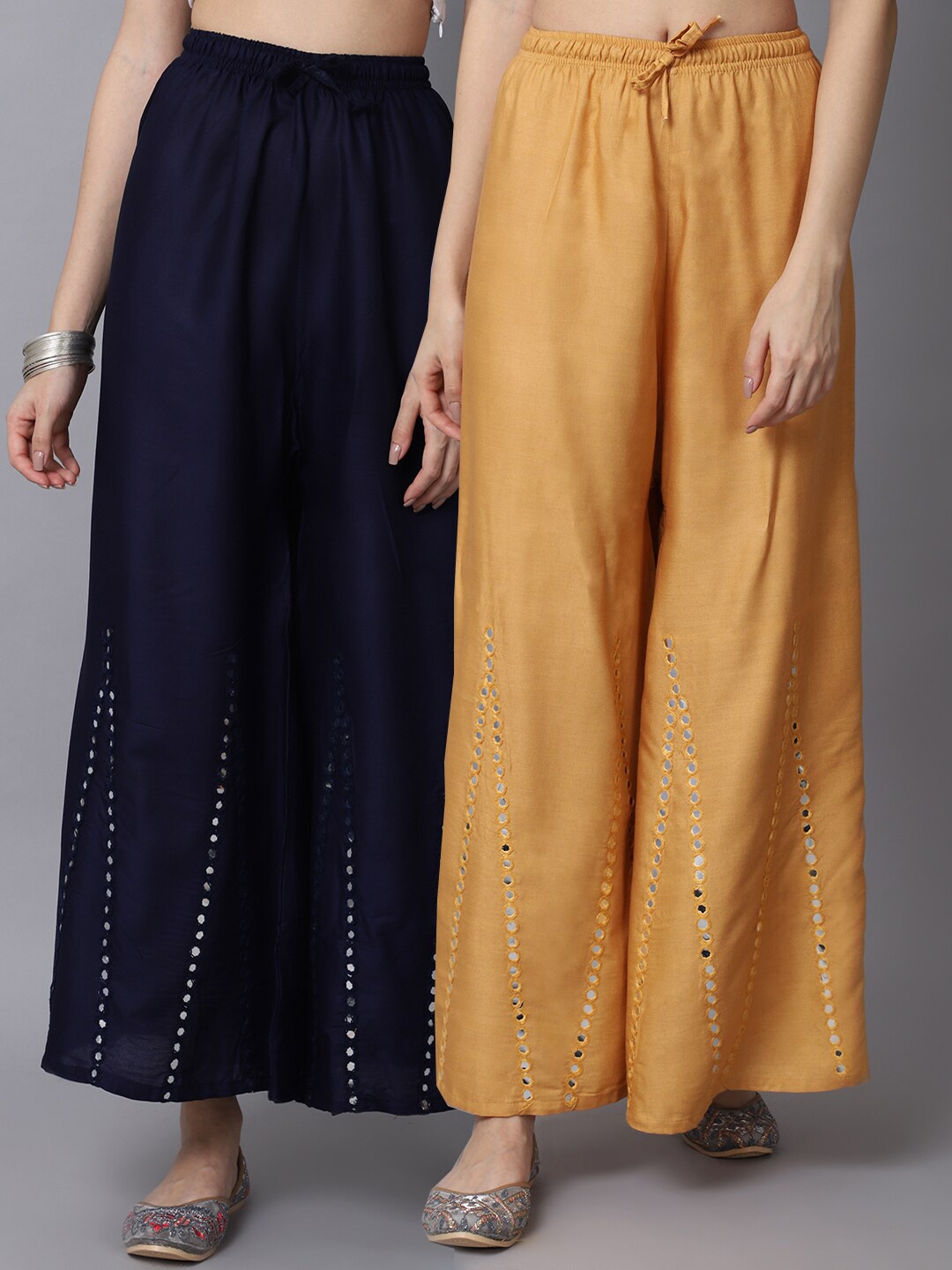 

GRACIT Women Beige & Navy Blue Pack of 2 Floral Embroidered Flared Ethnic Palazzos