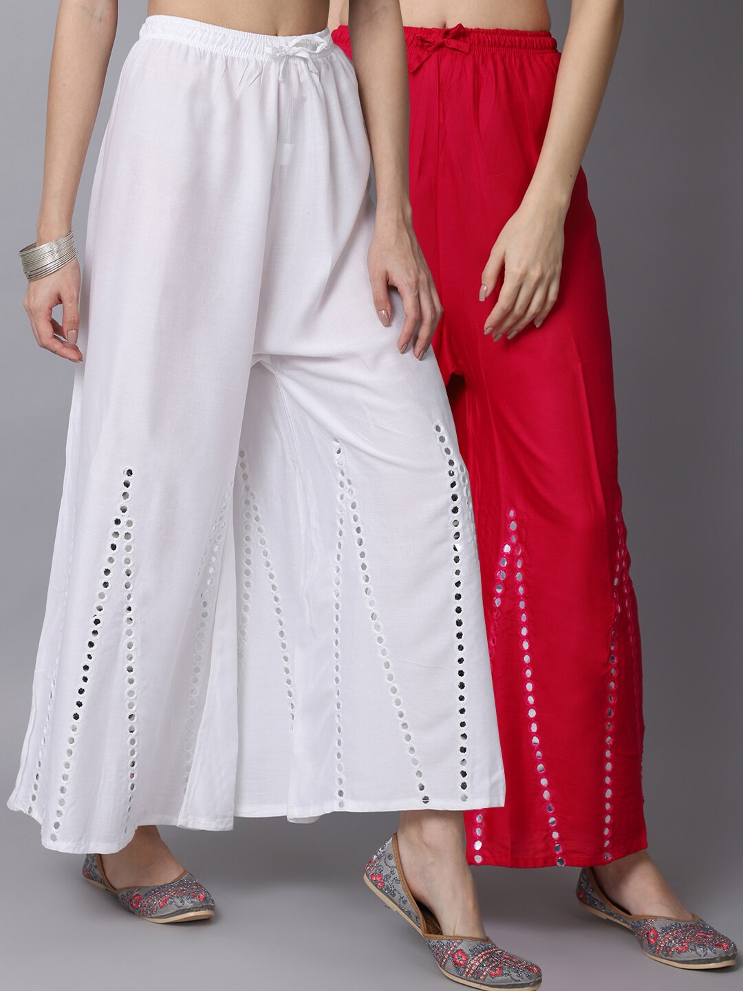 

GRACIT Women Pack Of 2 White And Red Mirror Work Flared Palazzos