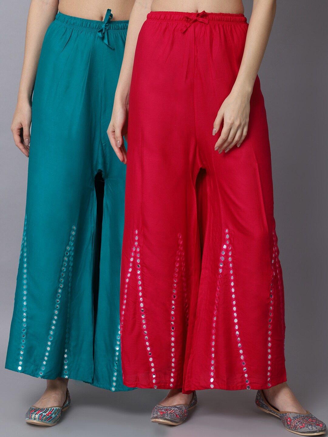 

GRACIT Women Pink & Teal Green Pack of 2 Floral Embroidered Flared Ethnic Palazzos