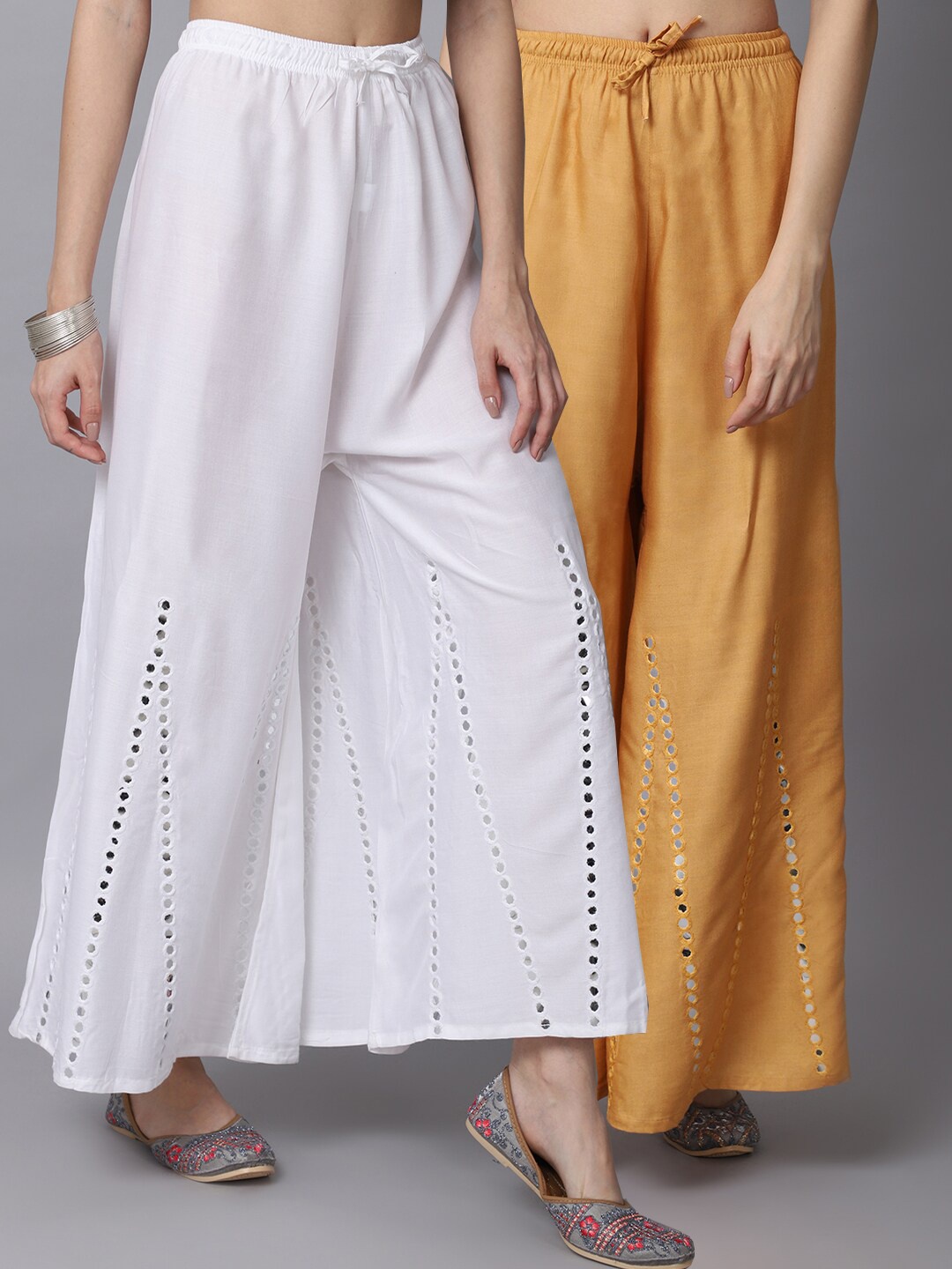 

GRACIT Women White & Beige Pack of 2 Mirror Work Embroidered Flared Ethnic Palazzos