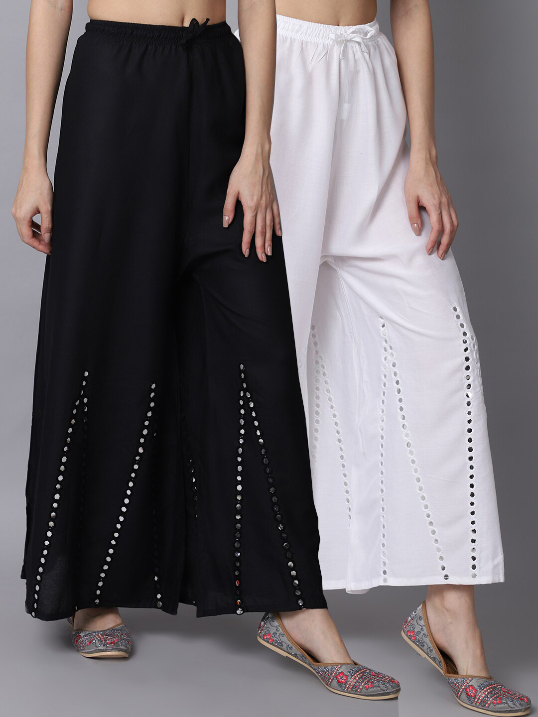 

GRACIT Women Black & White Pack of 2 Mirror Work Embroidered Flared Ethnic Palazzos