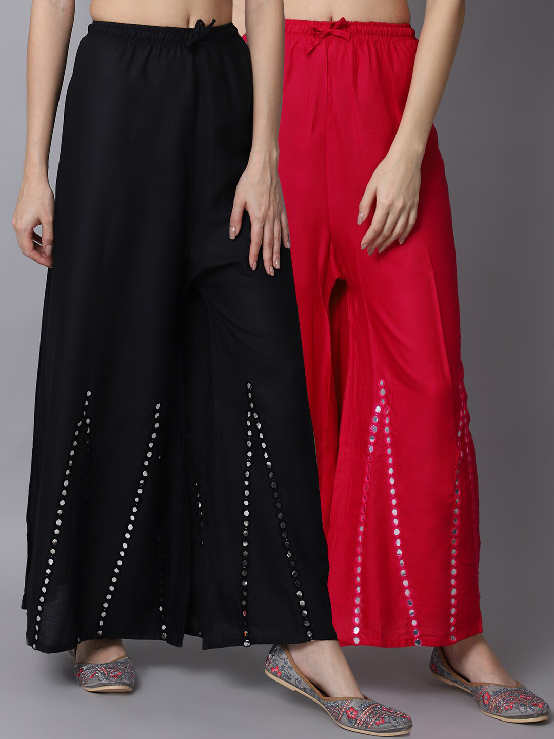 

GRACIT Women Black & Pink Pack of 2 Mirror Work Embroidered Flared Ethnic Palazzos