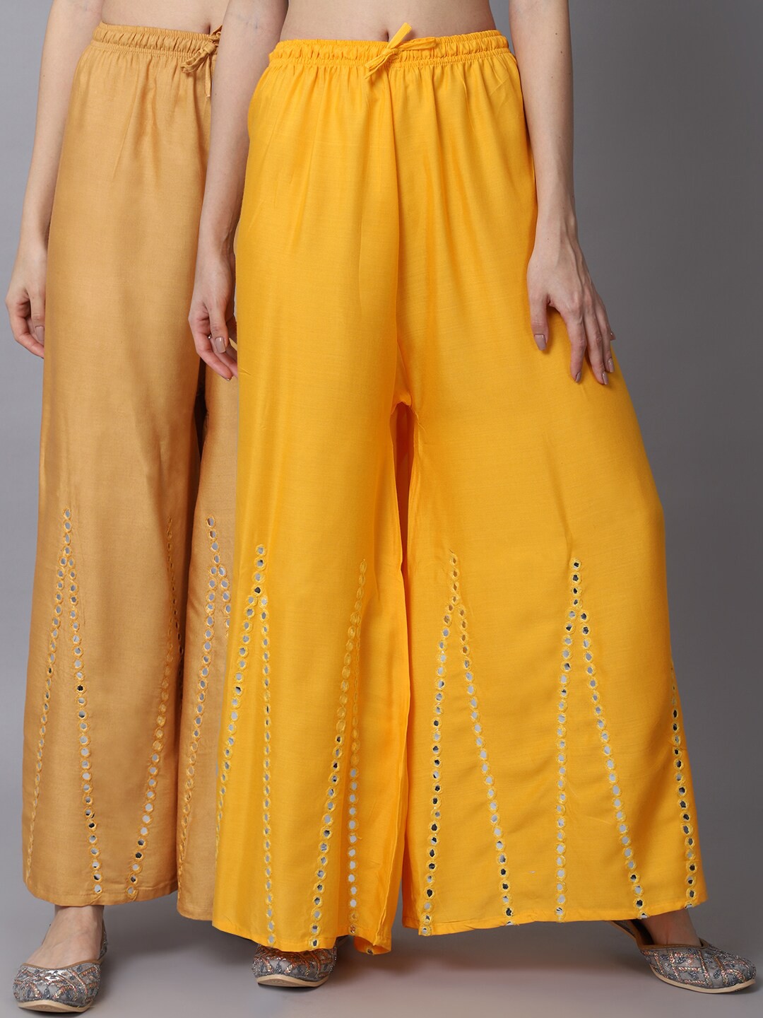 

GRACIT Women Yellow & Beige Pack of 2 Mirror Work Embroidered Flared Ethnic Palazzos