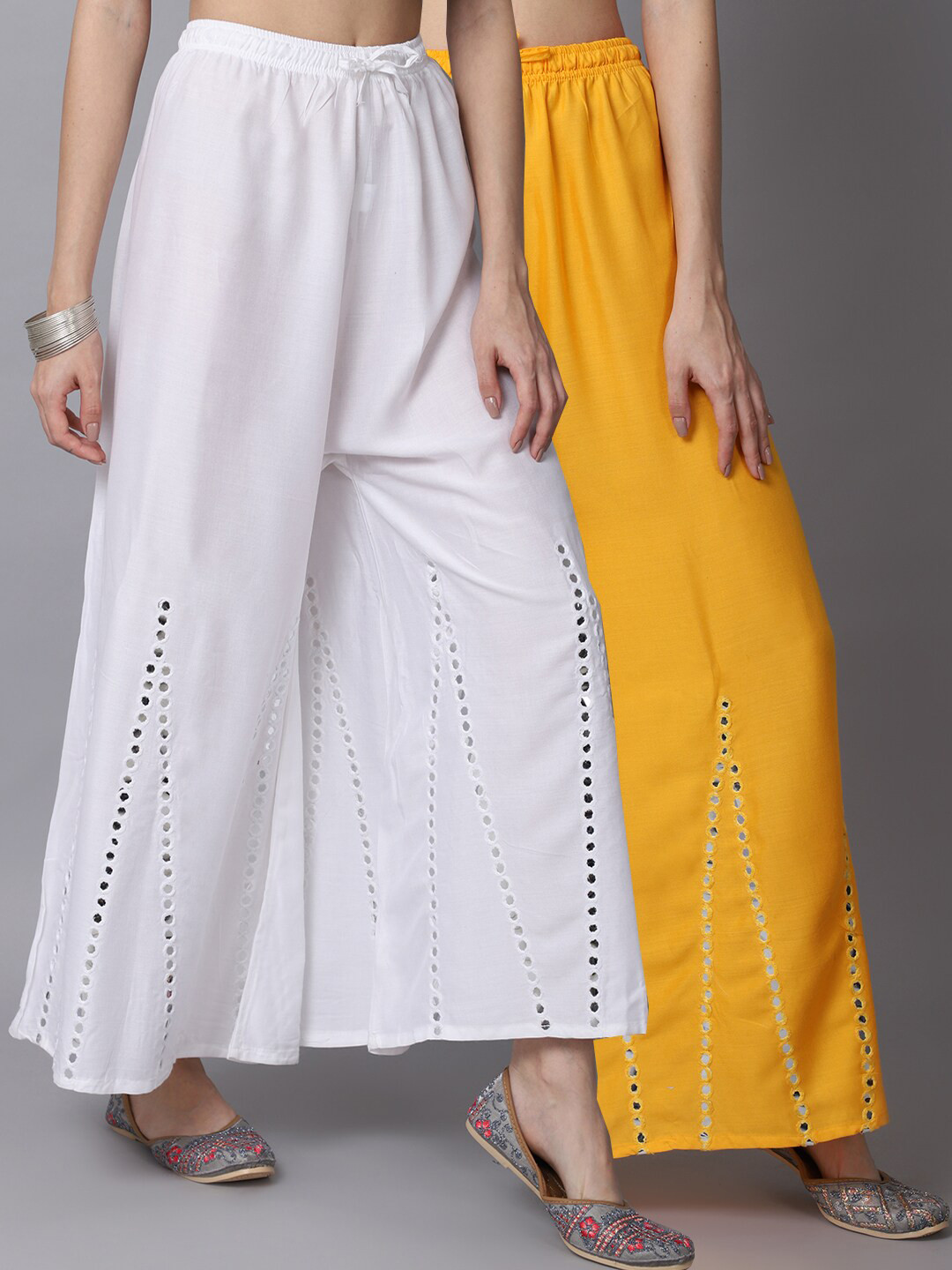 

GRACIT Women White & Yellow Pack of 2 Mirror Work Embroidered Flared Ethnic Palazzos