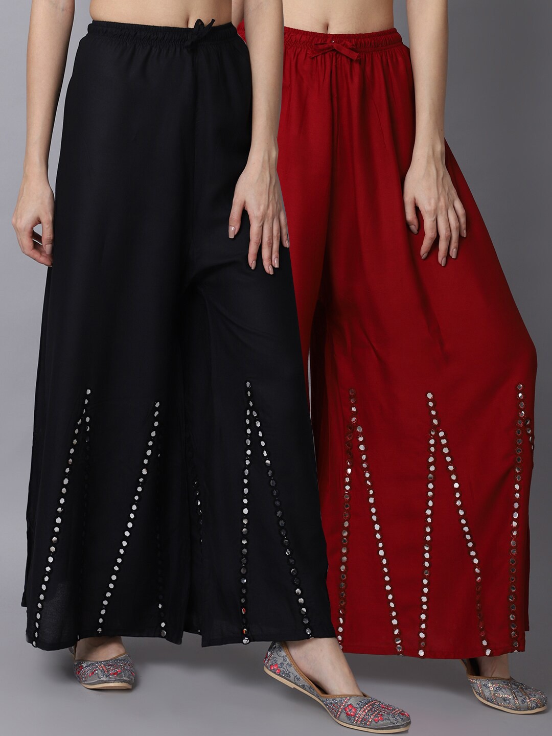 

GRACIT Women Black & Maroon Pack of 2 Mirror Work Embroidered Flared Ethnic Palazzos
