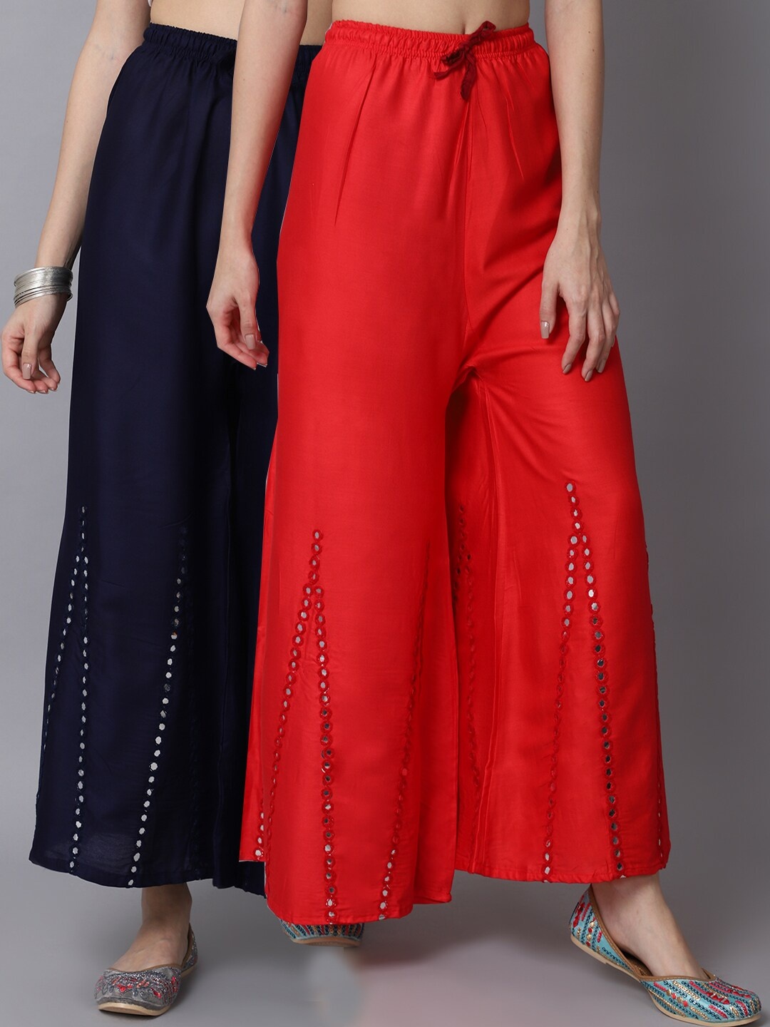 

GRACIT Women Red & Navy Blue Pack of 2 Mirror work Embroidered Flared Ethnic Palazzos