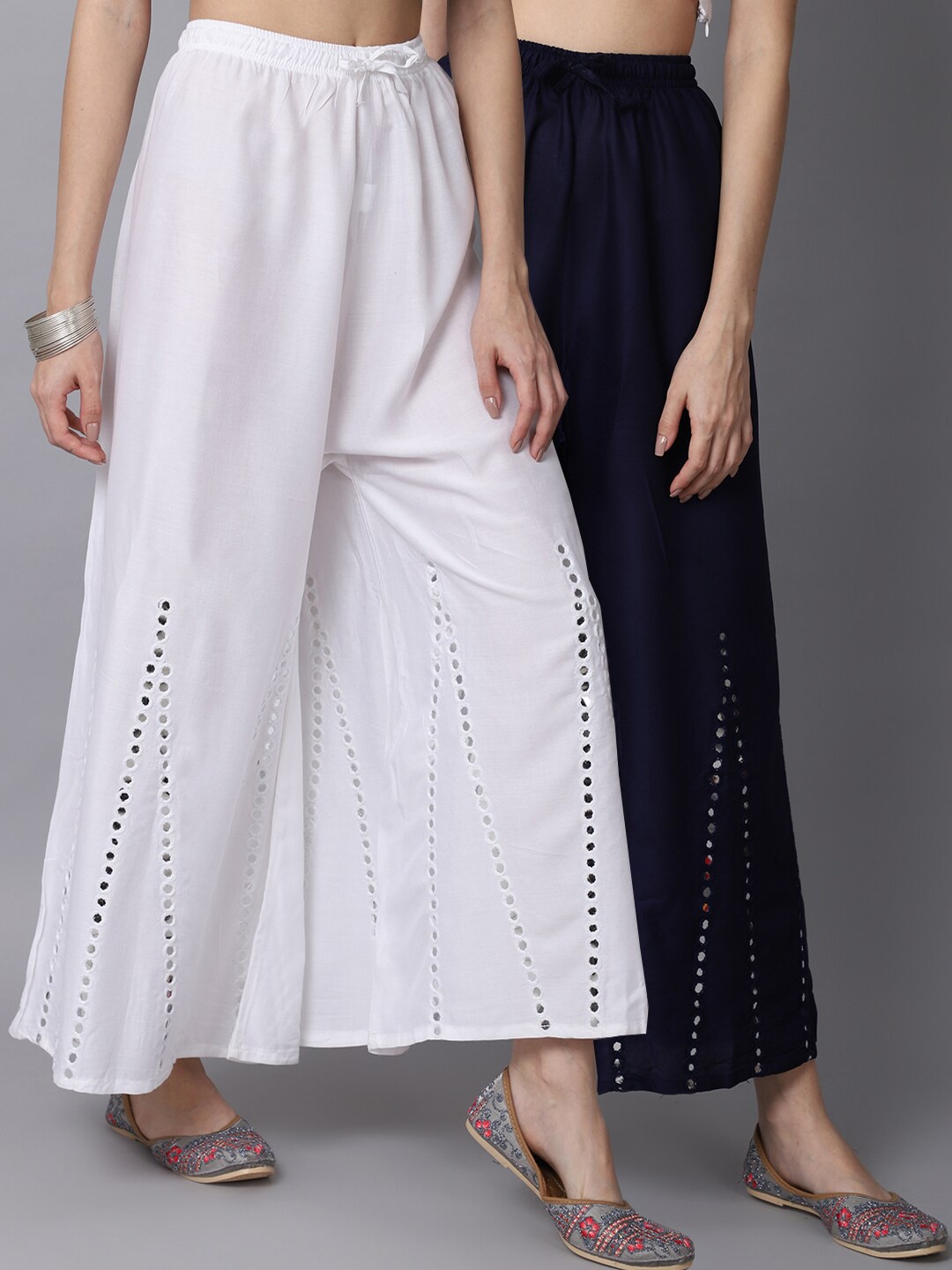 

GRACIT Women White & Navy Blue Pack of 2 Mirror work Embroidered Flared Ethnic Palazzos