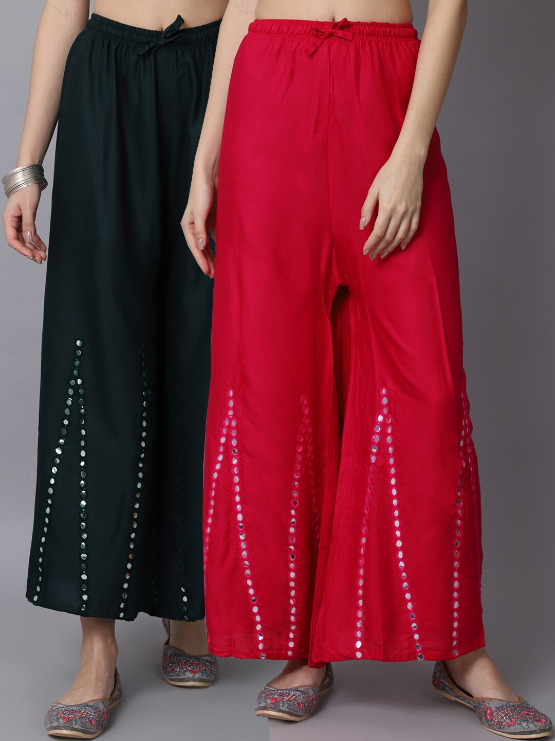 

GRACIT Women Pink & Green Pack of 2 Mirror work Embroidered Flared Ethnic Palazzos