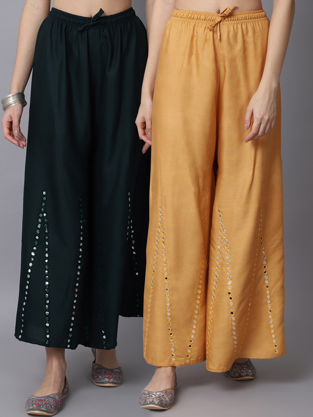 

GRACIT Women Beige & Green Pack of 2 Mirror work Embroidered Flared Ethnic Palazzos